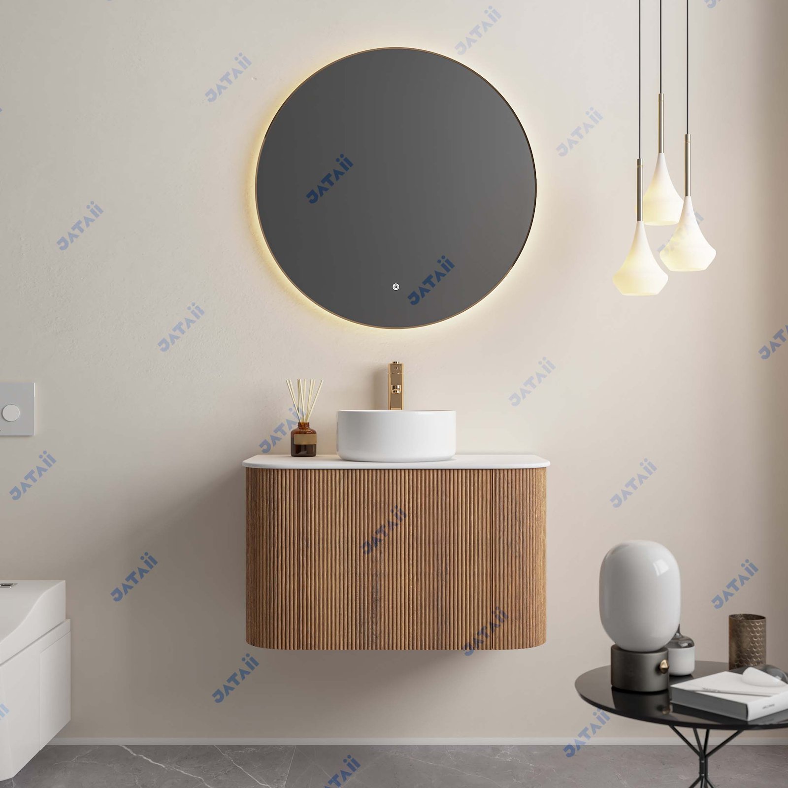 JATAII Curved Fluted Wood Vanity Round Mirror