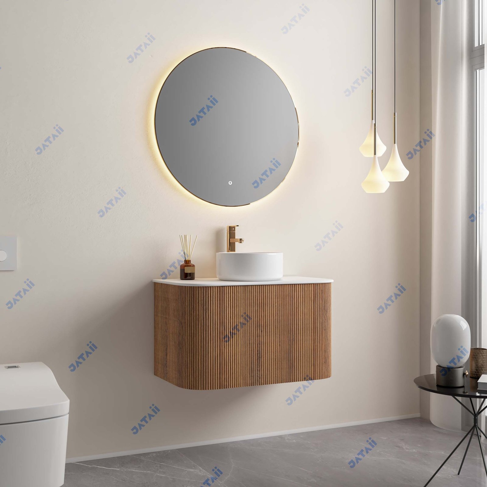 JATAII Curved Fluted Wood Vanity Round Mirror