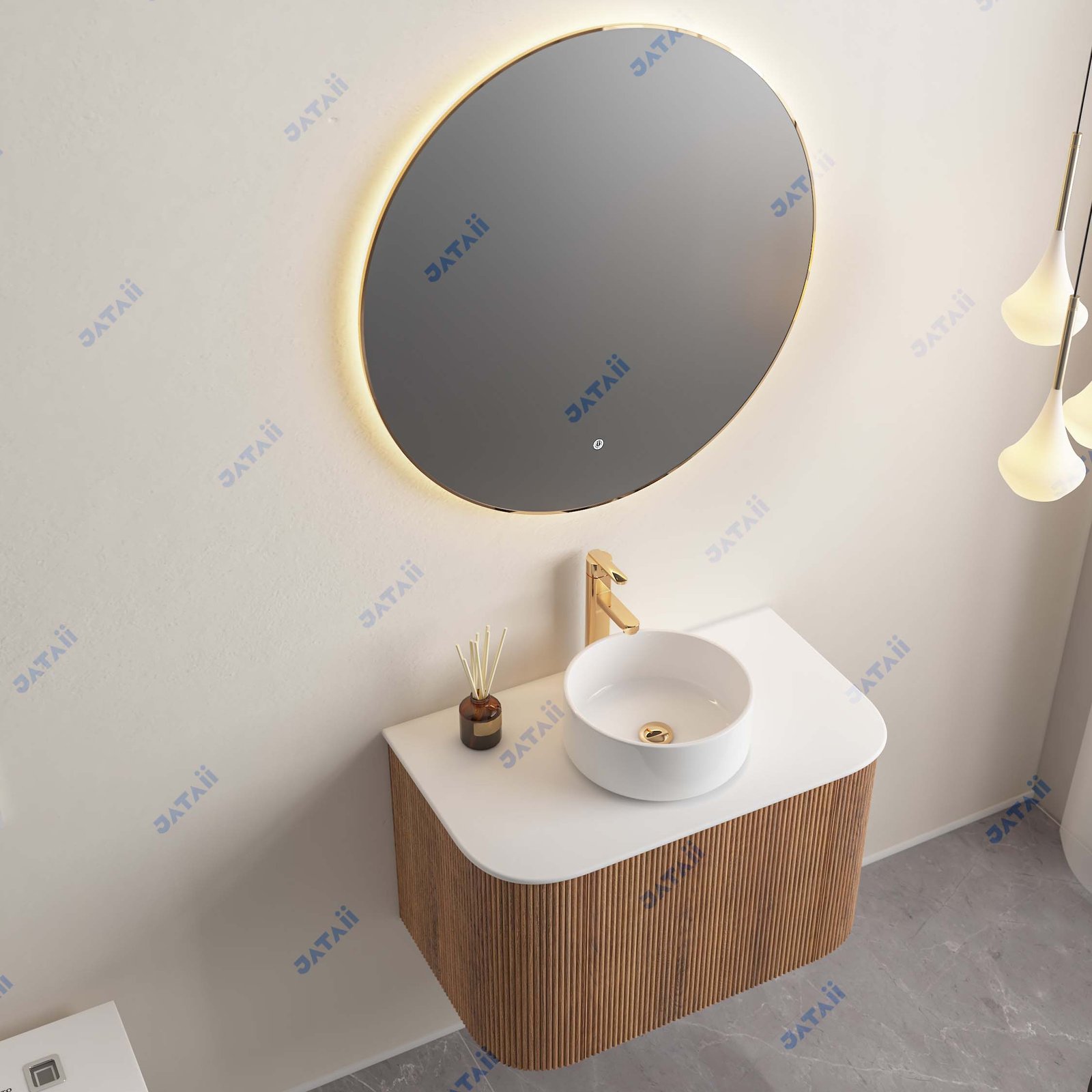 JATAII Curved Fluted Wood Vanity Round Mirror