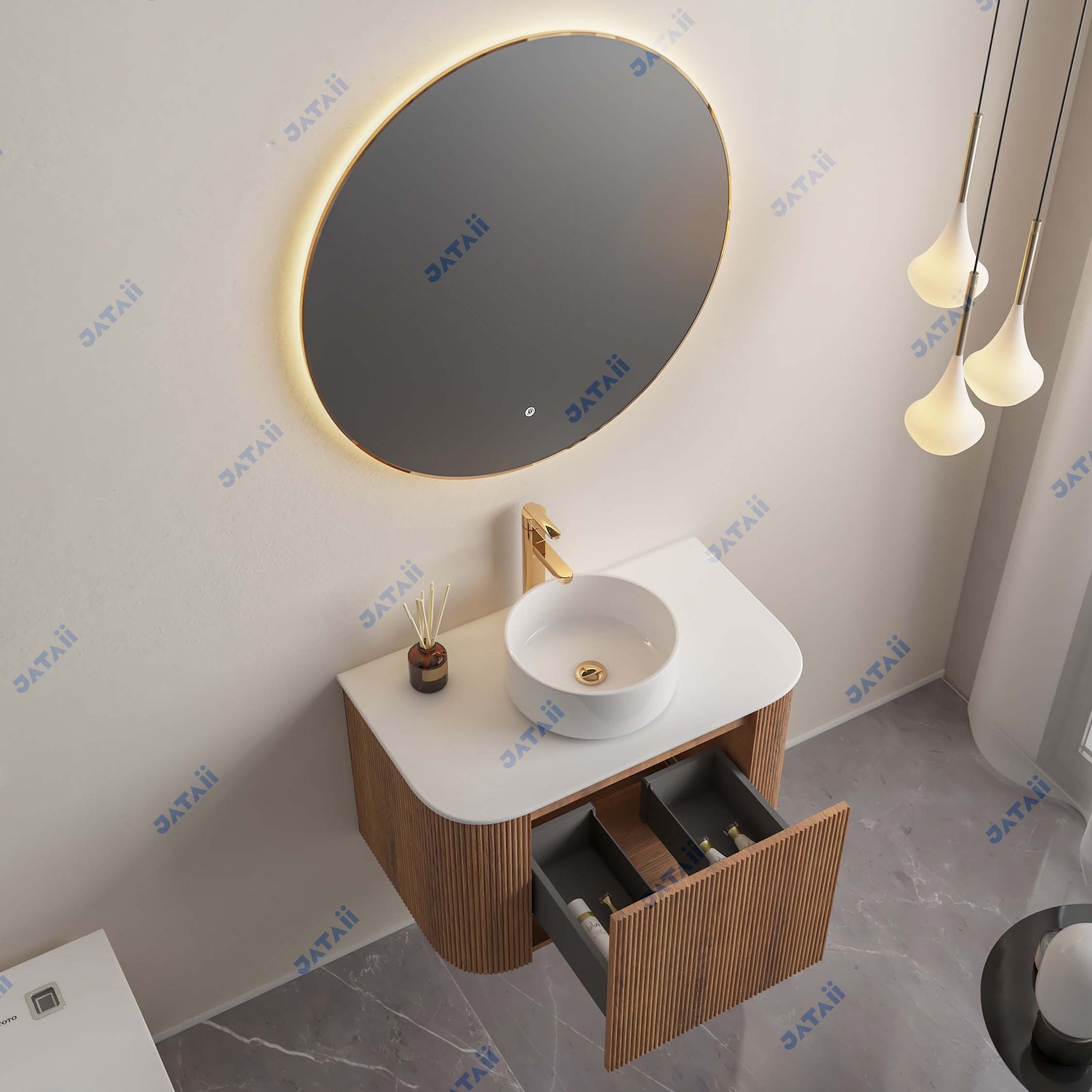 JATAII Curved Fluted Wood Vanity Round Mirror