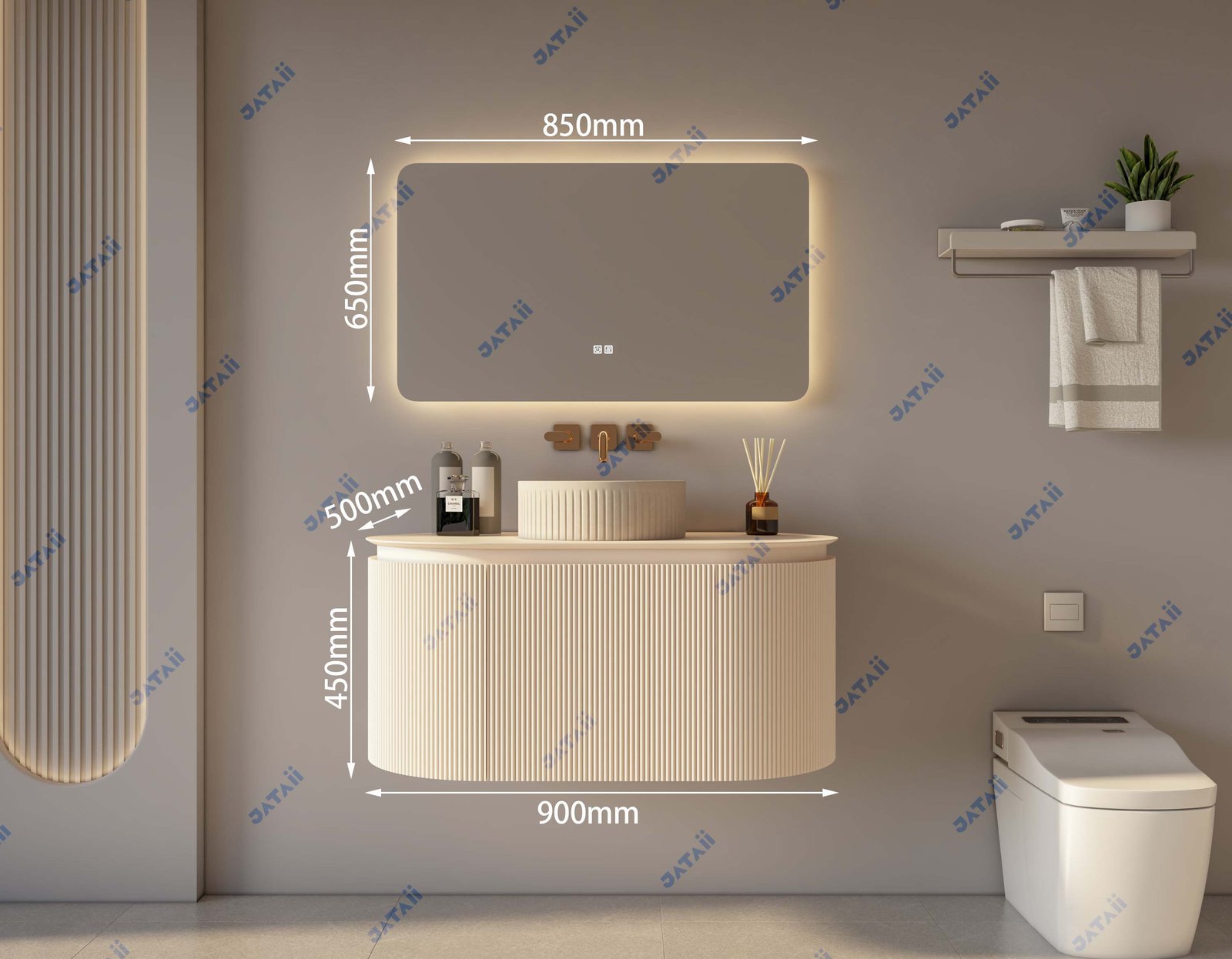 JATAII 900mm Cream Fluted Oval Floating Vanity with Matching Vessel Sink GS016