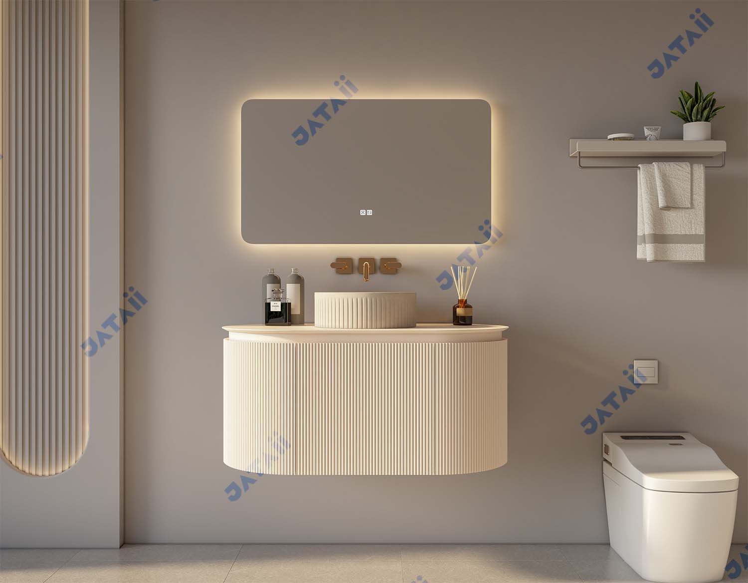 JATAII 900mm Cream Fluted Oval Floating Vanity with Matching Vessel Sink GS016