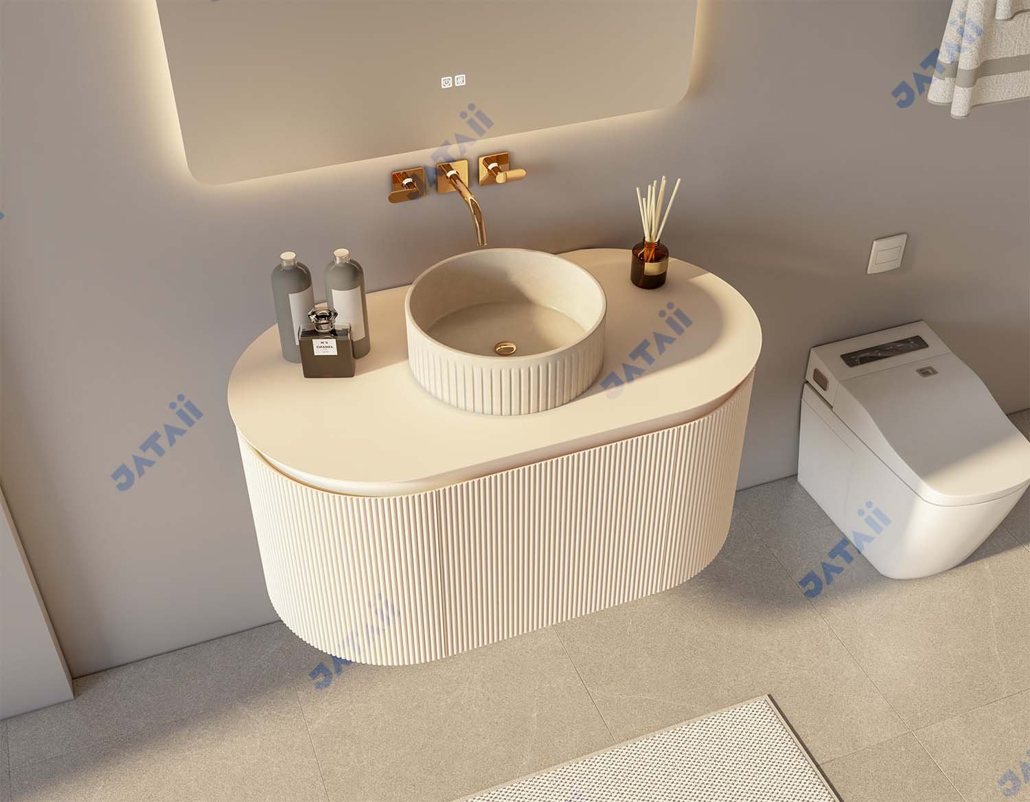 JATAII 900mm Cream Fluted Oval Floating Vanity with Matching Vessel Sink GS016