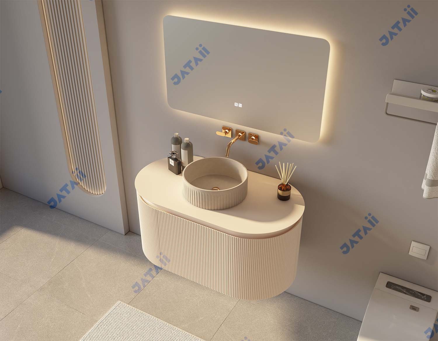JATAII 900mm Cream Fluted Oval Floating Vanity with Matching Vessel Sink GS016