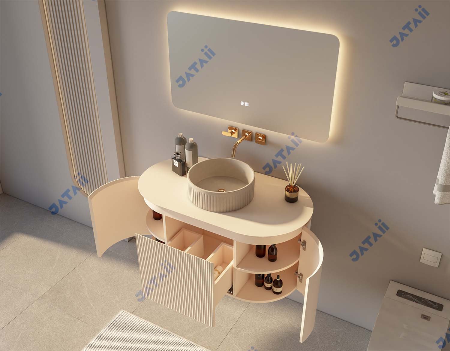 JATAII 900mm Cream Fluted Oval Floating Vanity with Matching Vessel Sink GS016