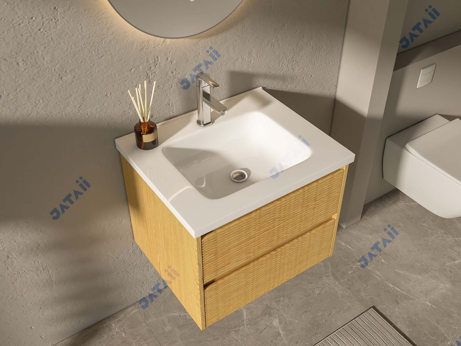 JATAII Wholesale Commercial 600mm Fluted Oak Floating Vanity GS017