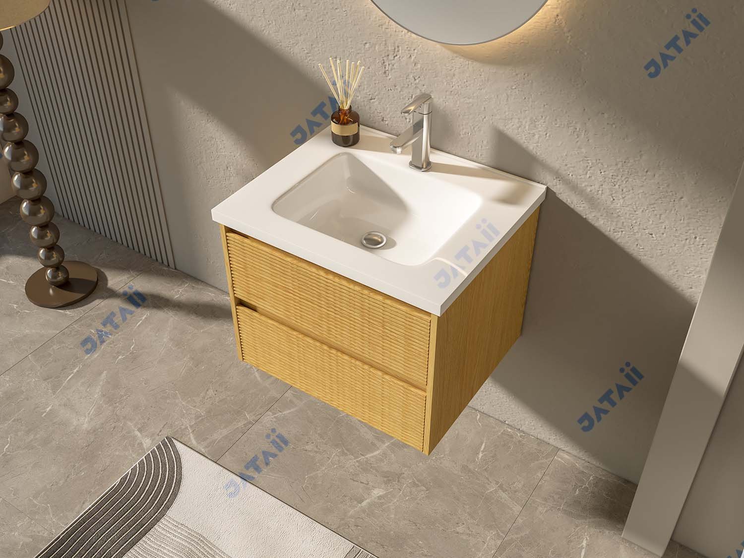 JATAII Wholesale Commercial 600mm Fluted Oak Floating Vanity GS017