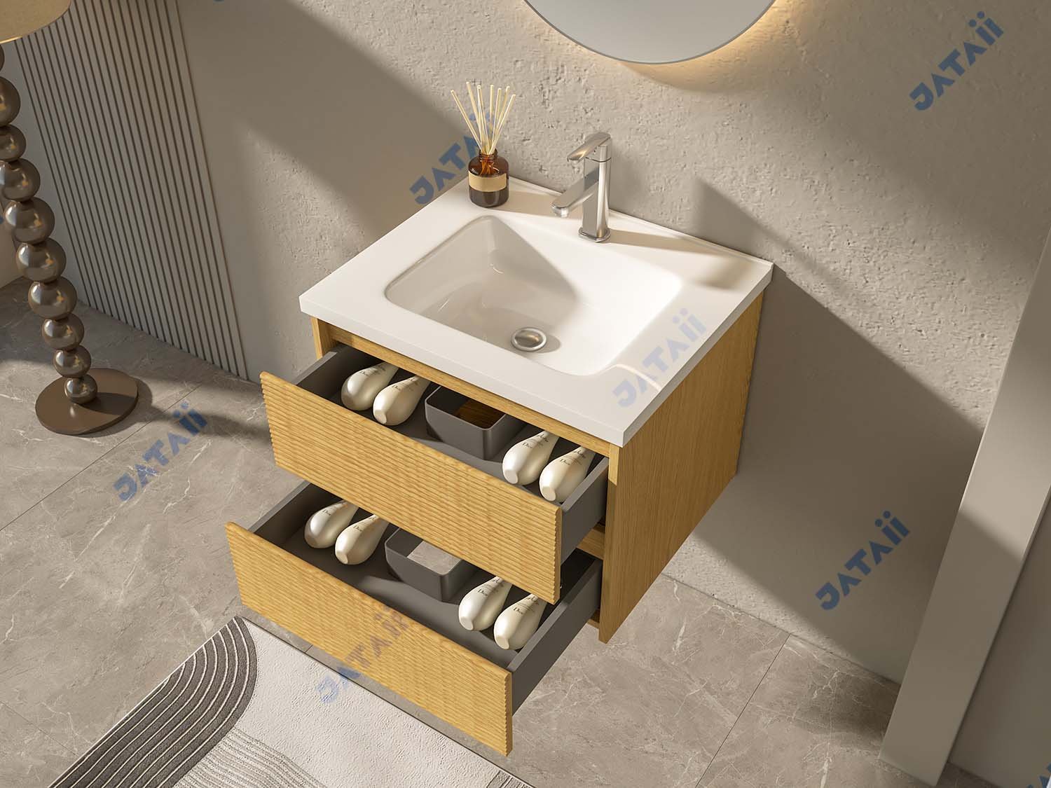 JATAII Wholesale Commercial 600mm Fluted Oak Floating Vanity GS017