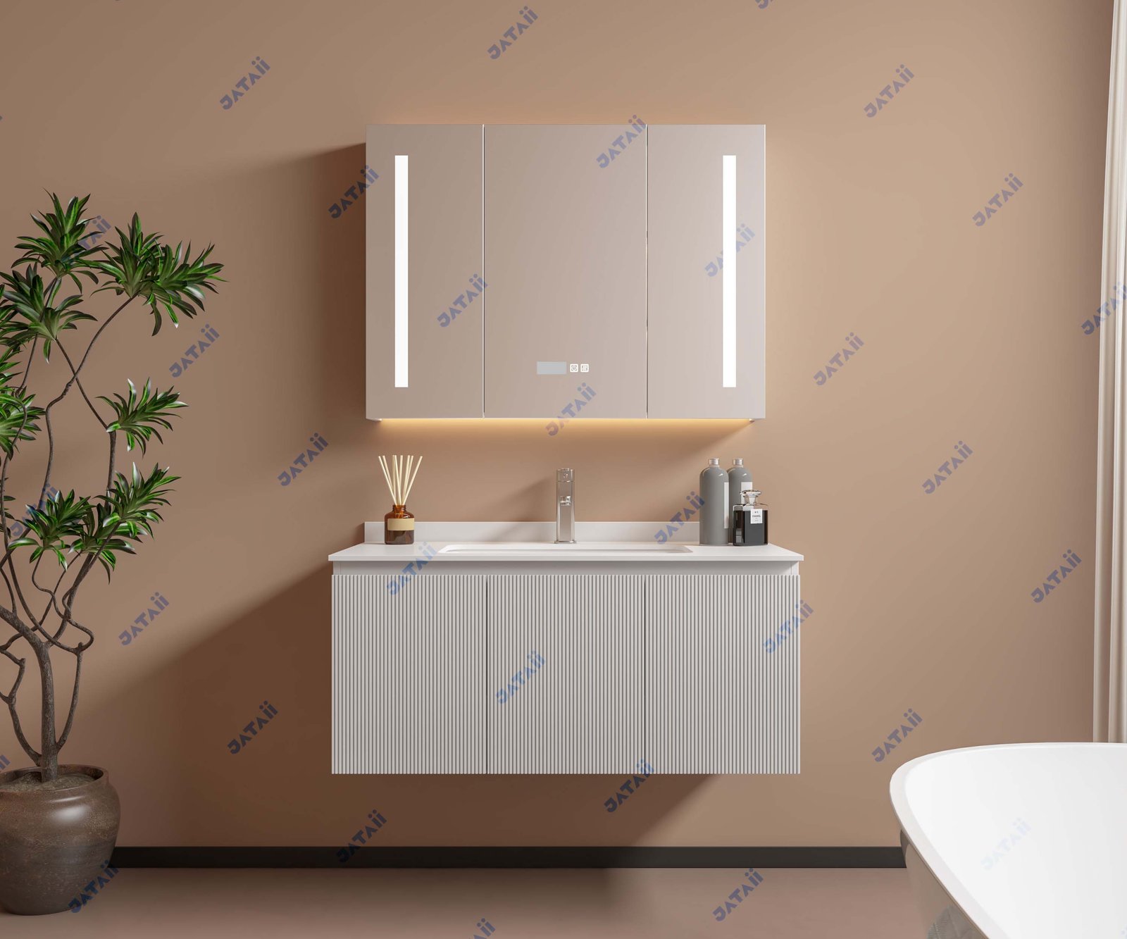 JATAII Wholesale 1000mm White Fluted Floating Vanity & Smart Mirror Combo GS018