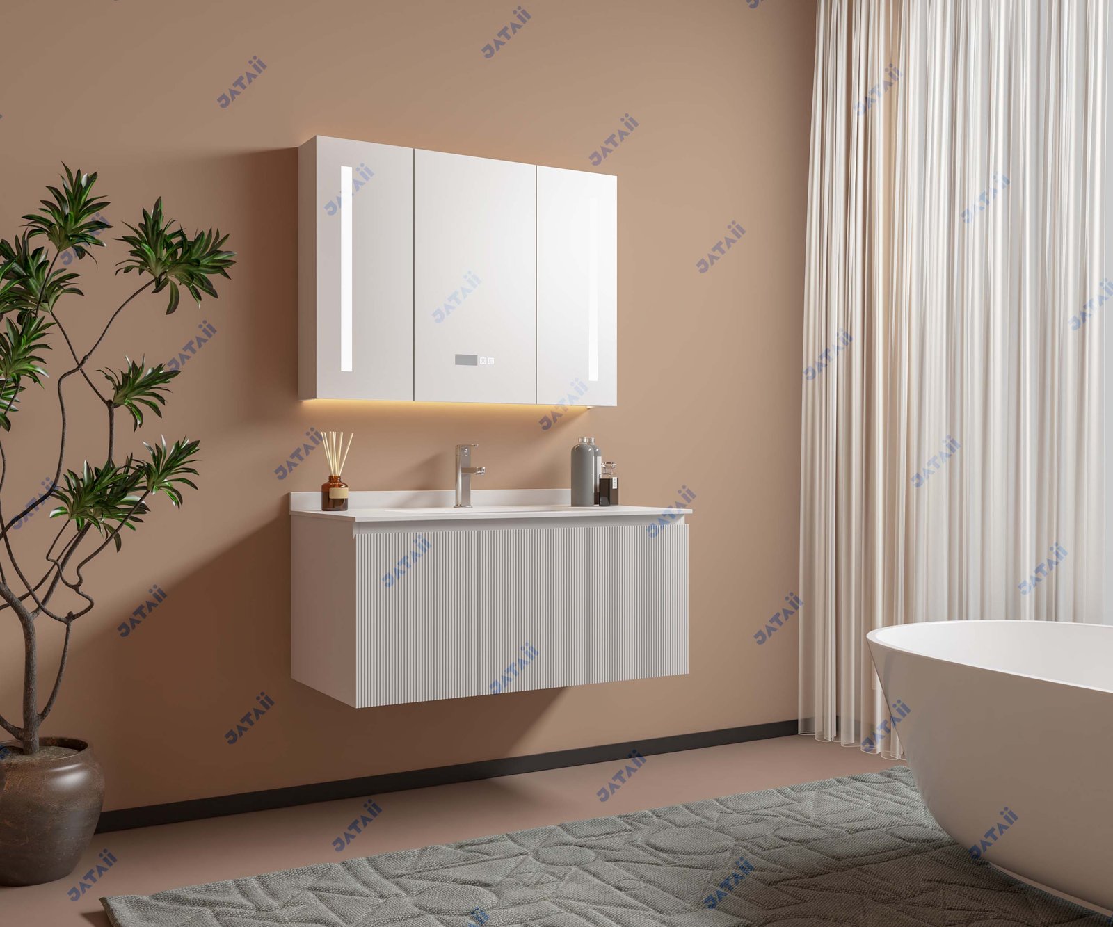JATAII Wholesale 1000mm White Fluted Floating Vanity & Smart Mirror Combo GS018