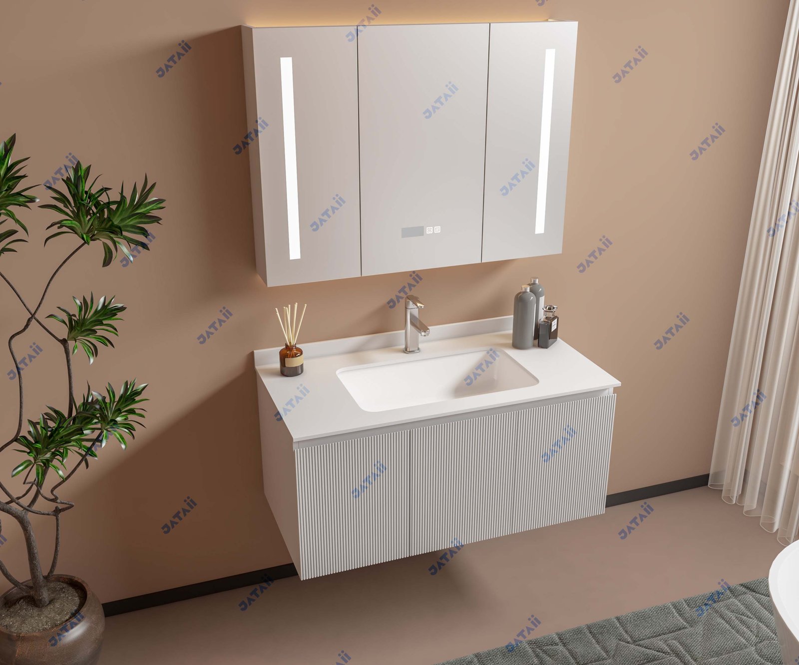 JATAII Wholesale 1000mm White Fluted Floating Vanity & Smart Mirror Combo GS018