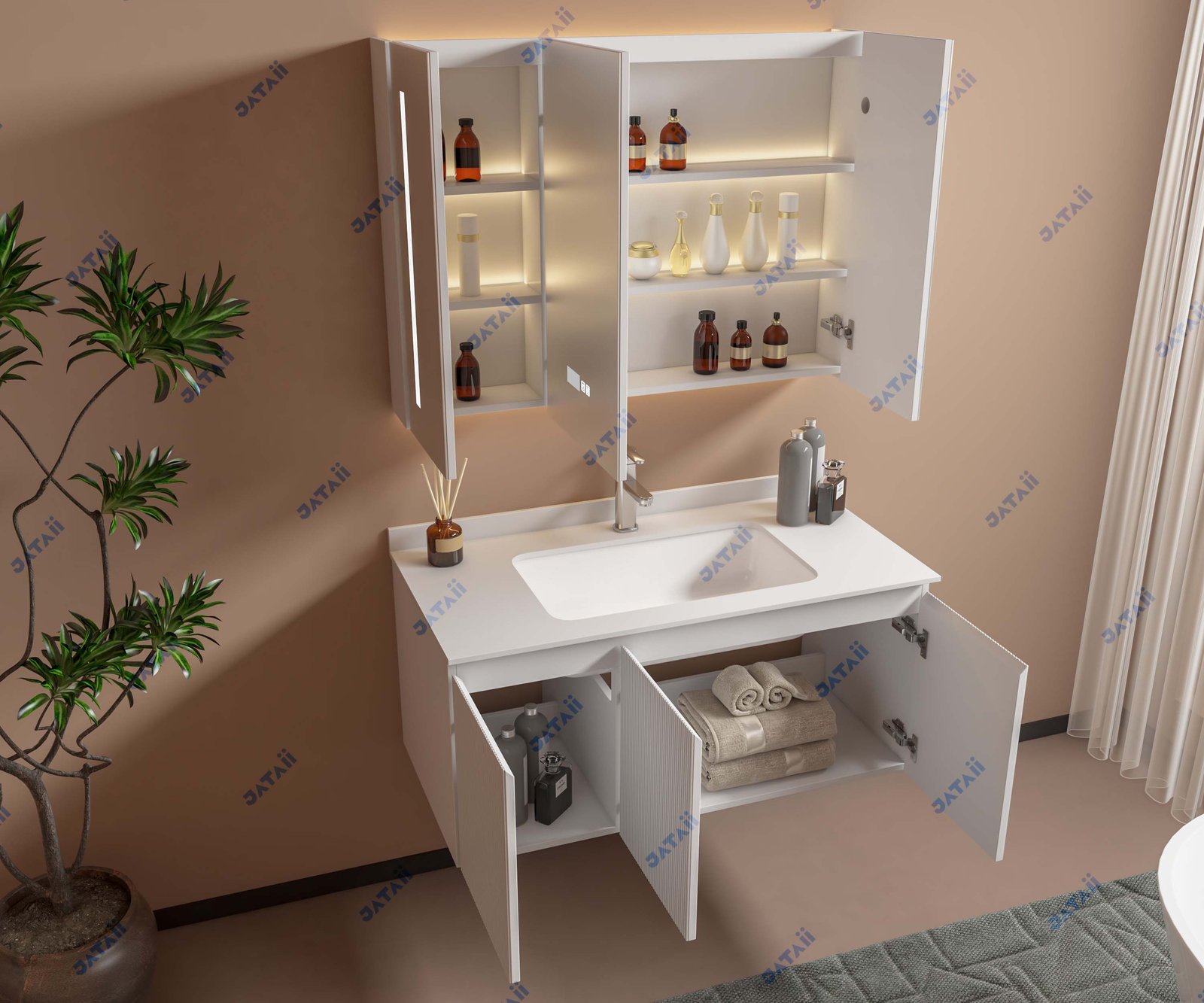 JATAII Wholesale 1000mm White Fluted Floating Vanity & Smart Mirror Combo GS018