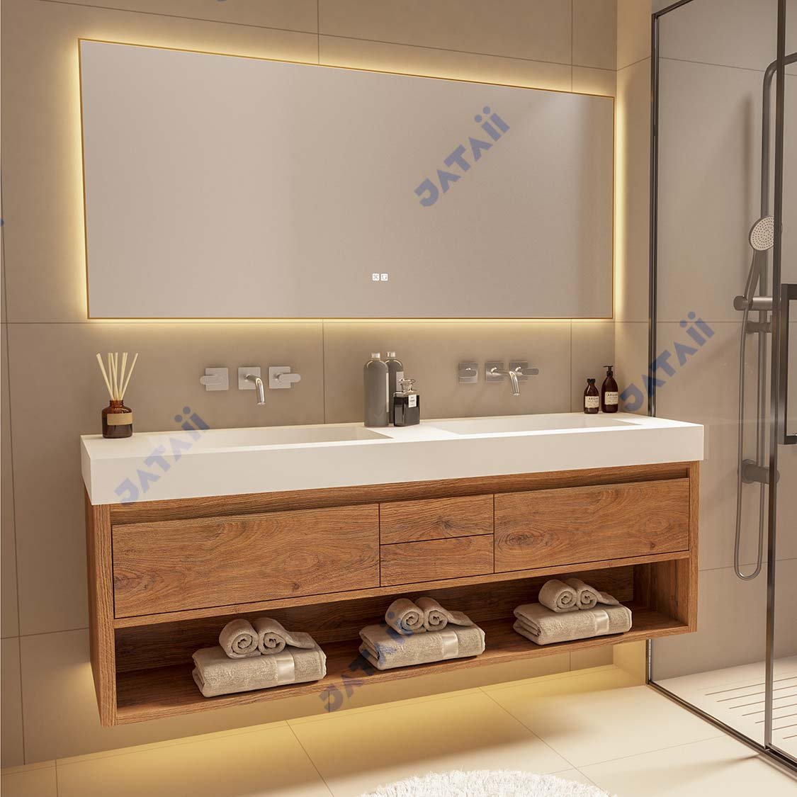 JATAII Wood Grain Double Sink Vanity Drawers ht012