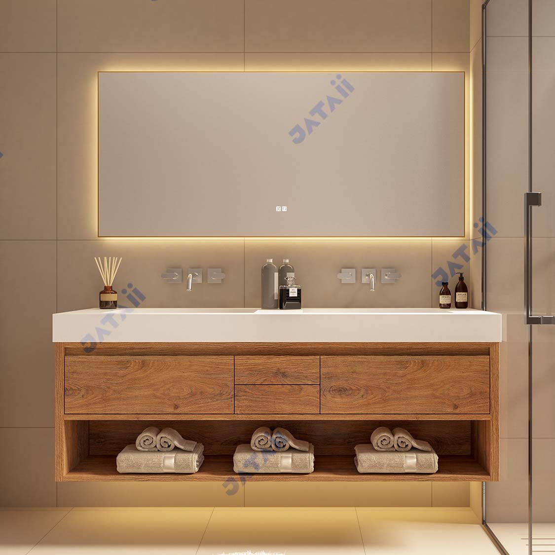 JATAII Wood Grain Double Sink Vanity Drawers ht012