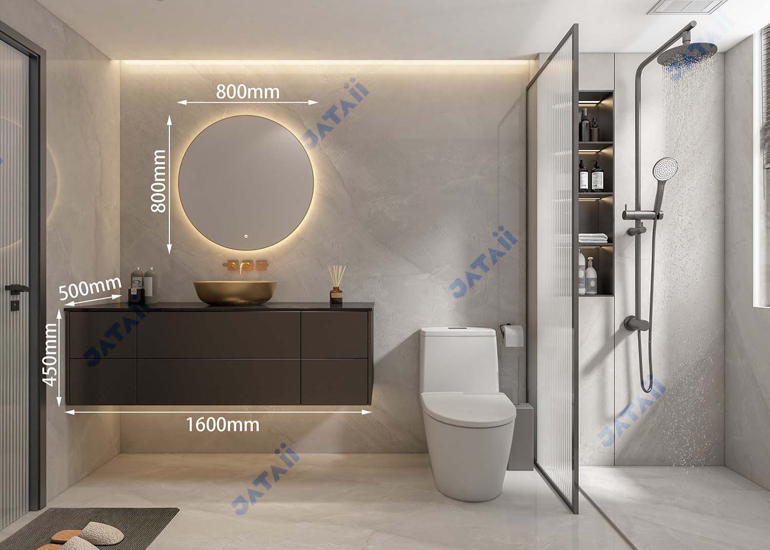 JATAII Luxury 1600mm Dark Floating Vanity with Gold Vessel Sink & Sintered Stone Top