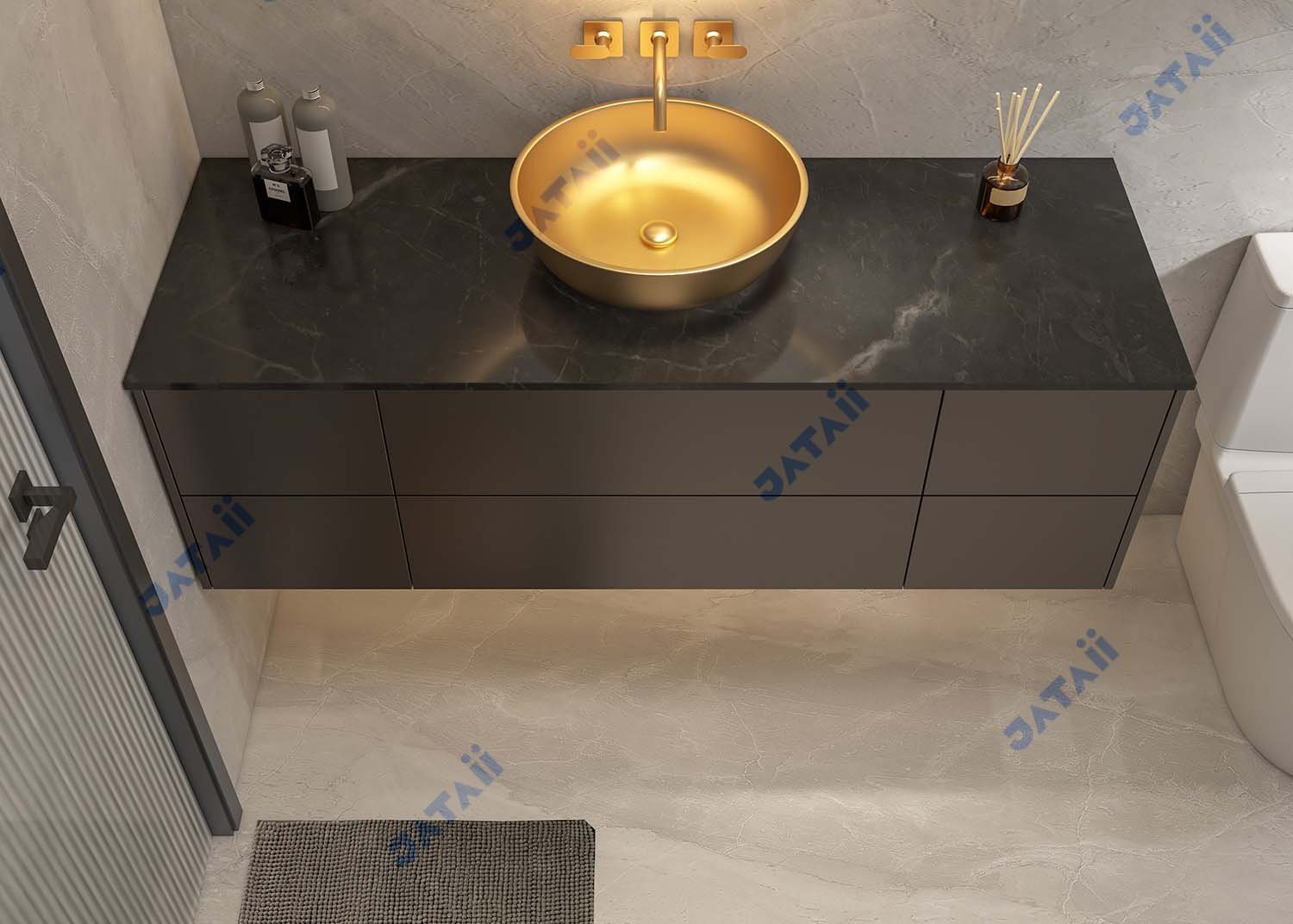 JATAII Luxury 1600mm Dark Floating Vanity with Gold Vessel Sink & Sintered Stone Top