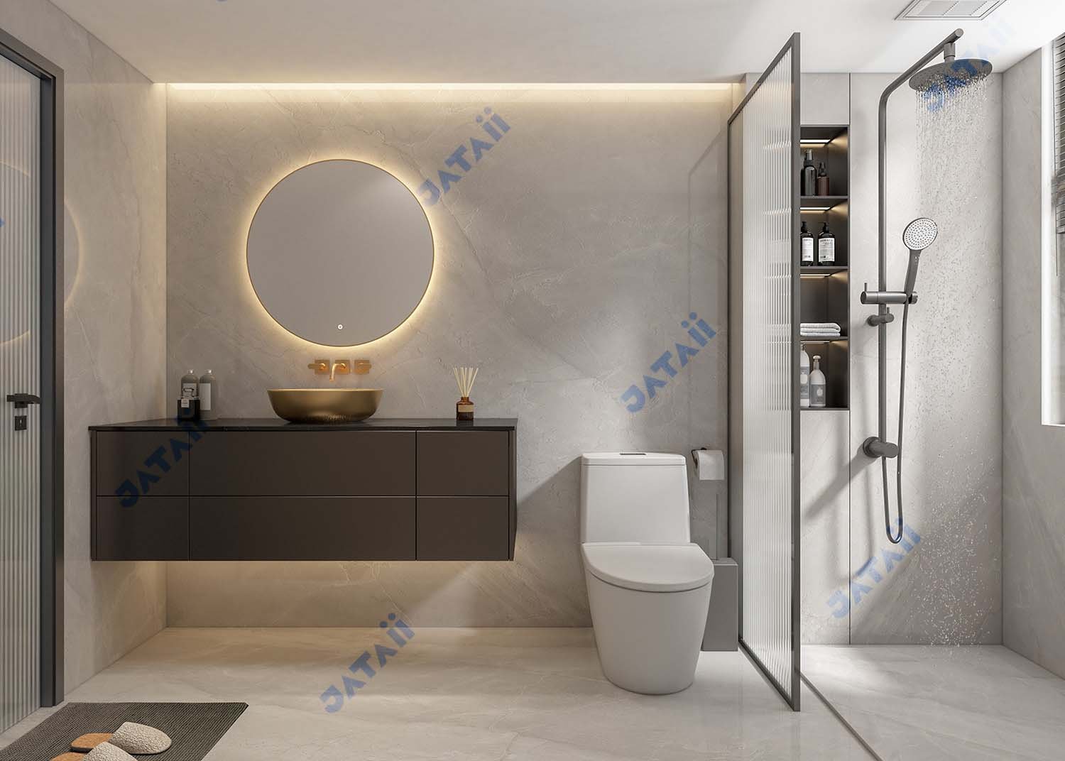 JATAII Luxury 1600mm Dark Floating Vanity with Gold Vessel Sink & Sintered Stone Top