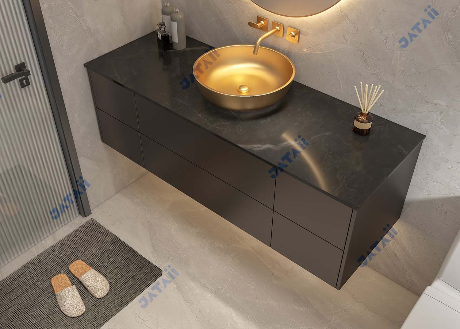 JATAII Luxury 1600mm Dark Floating Vanity with Gold Vessel Sink & Sintered Stone Top