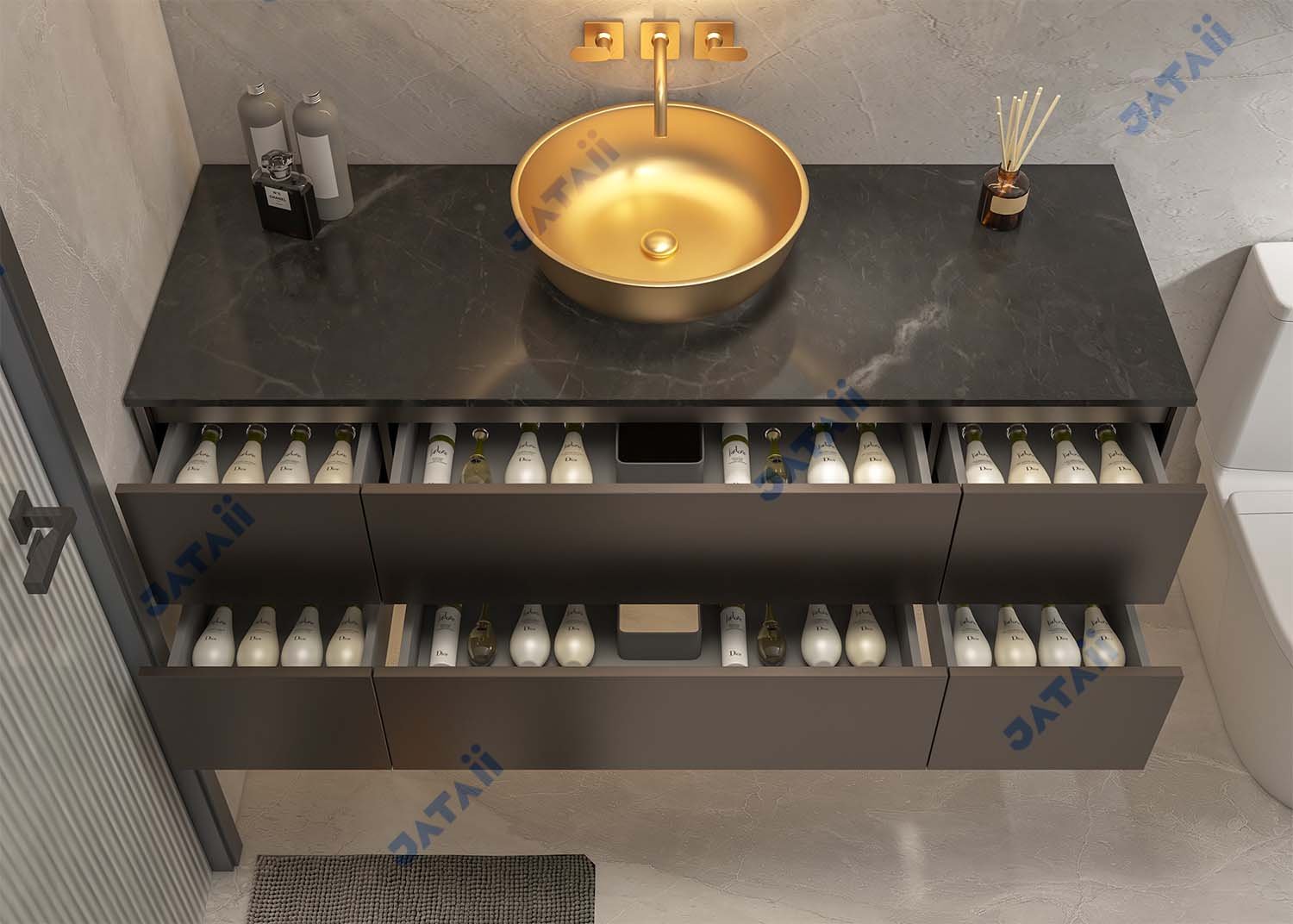 JATAII Luxury 1600mm Dark Floating Vanity with Gold Vessel Sink & Sintered Stone Top