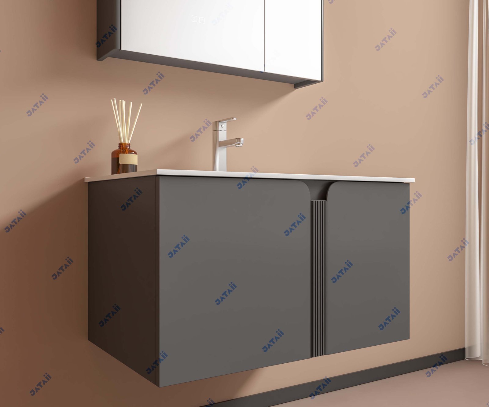 JATAII Commercial 800mm Matte Grey Curved Vanity & Asymmetrical Mirror Combo JTDR016