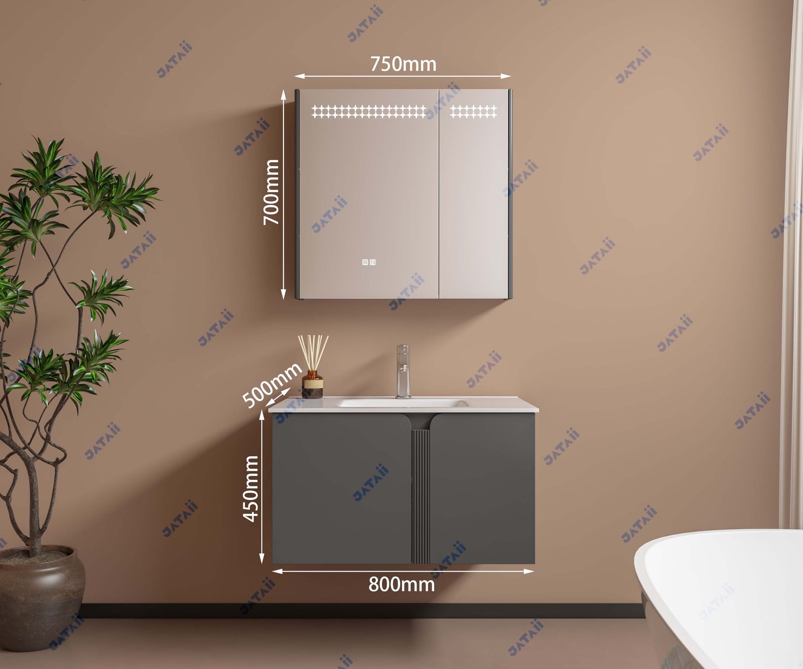 JATAII Commercial 800mm Matte Grey Curved Vanity & Asymmetrical Mirror Combo JTDR016