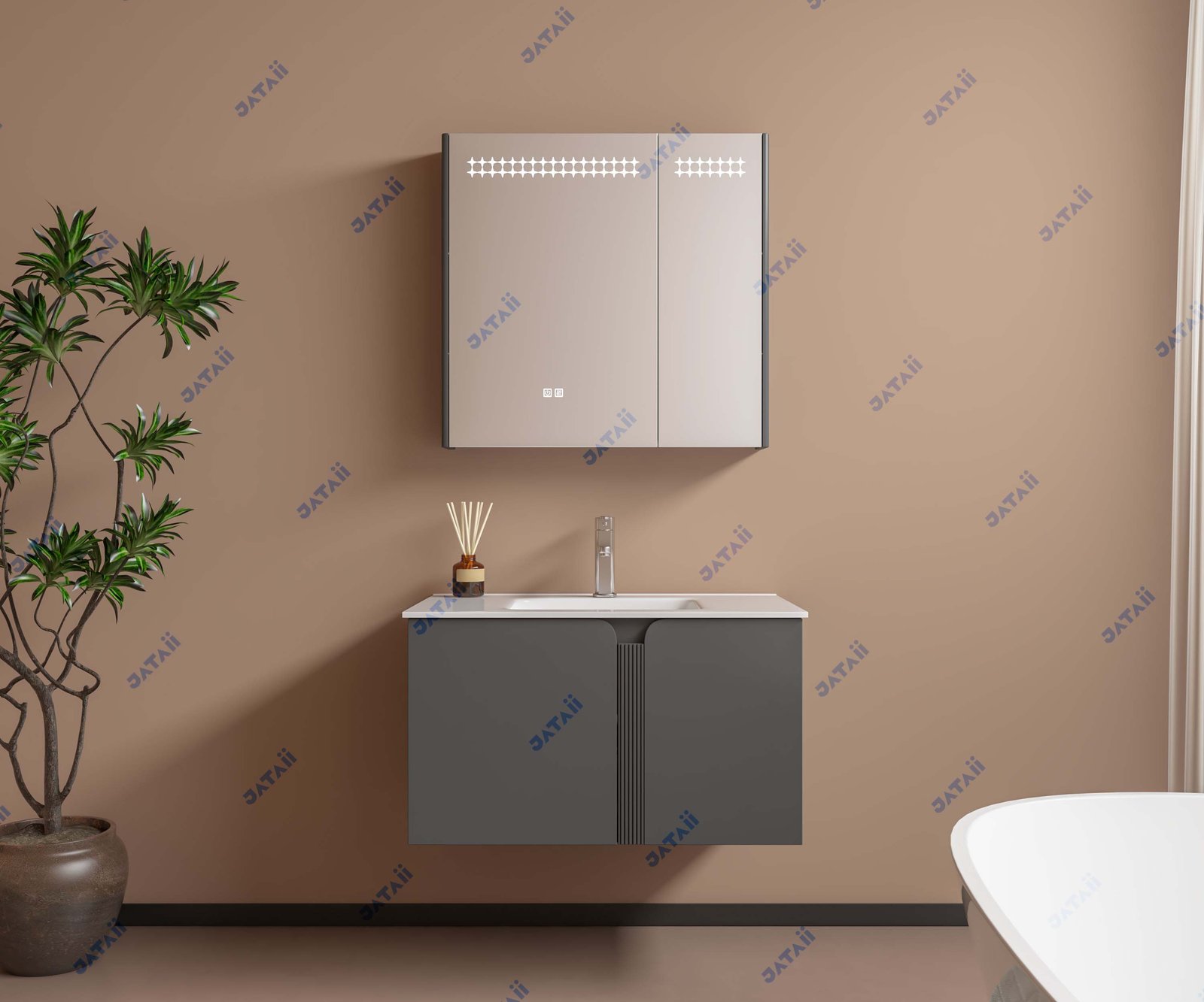 JATAII Commercial 800mm Matte Grey Curved Vanity & Asymmetrical Mirror Combo JTDR016