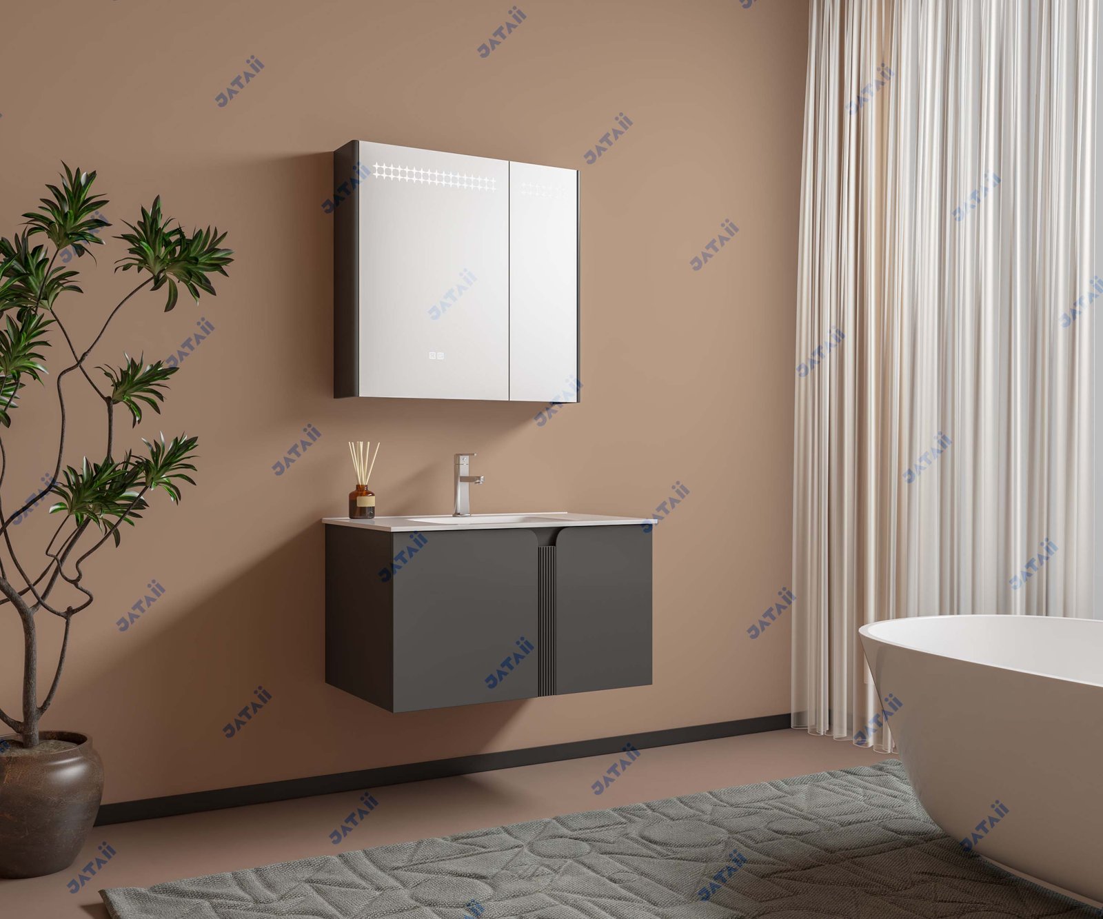 JATAII Commercial 800mm Matte Grey Curved Vanity & Asymmetrical Mirror Combo JTDR016