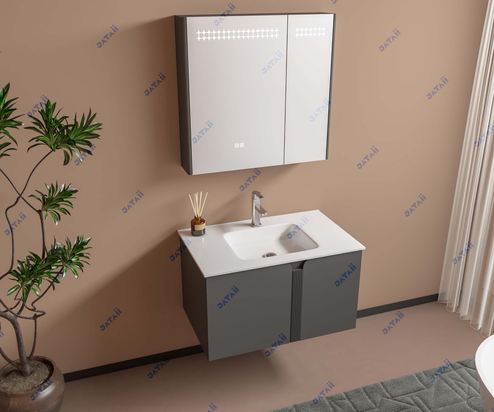 JATAII Commercial 800mm Matte Grey Curved Vanity & Asymmetrical Mirror Combo JTDR016