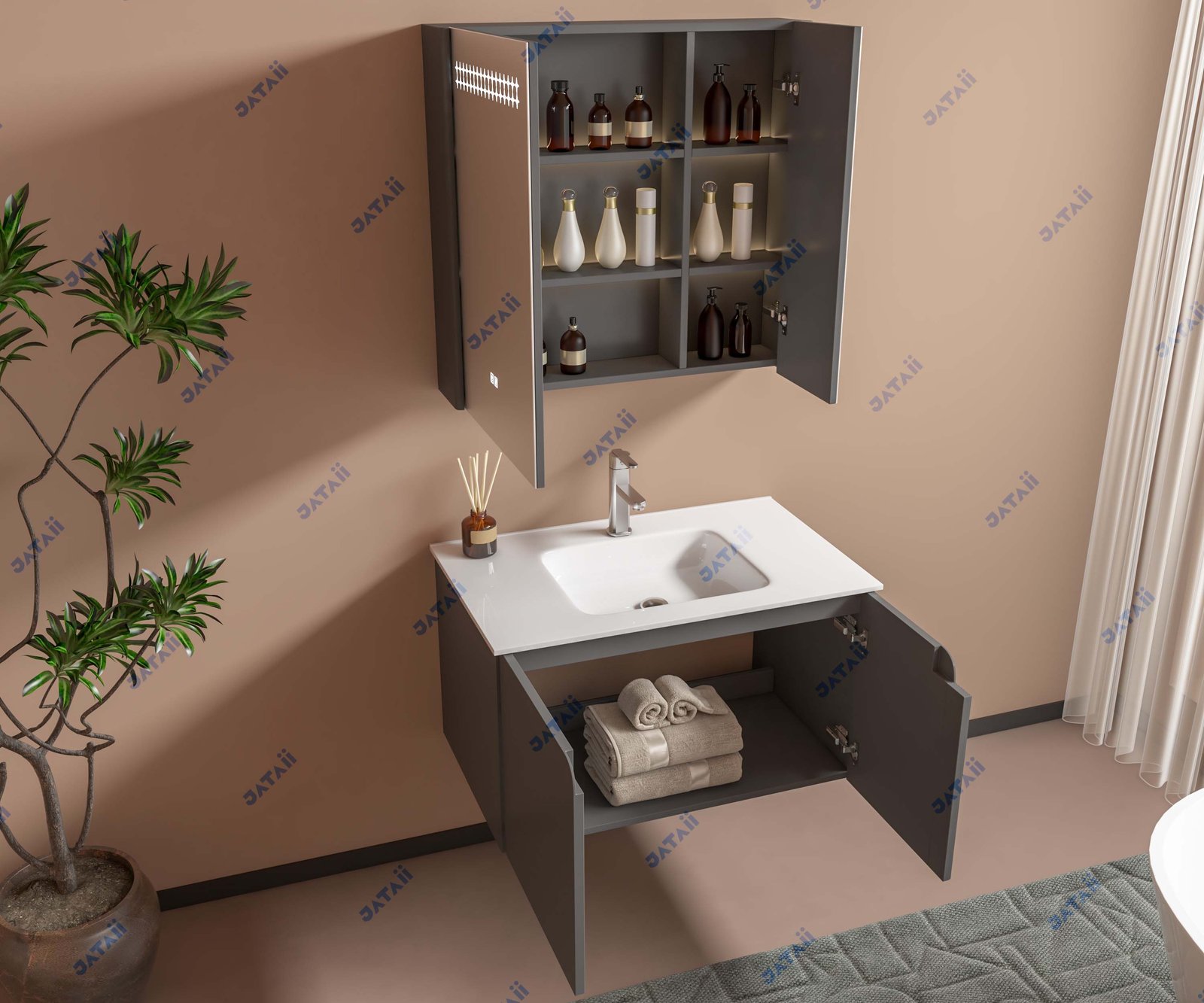 JATAII Commercial 800mm Matte Grey Curved Vanity & Asymmetrical Mirror Combo JTDR016