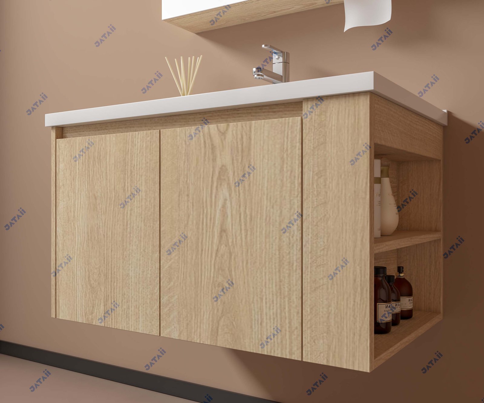 JATAII Commercial 800mm Oak Floating Vanity & Mirror Combo with Dispenser JTDR018