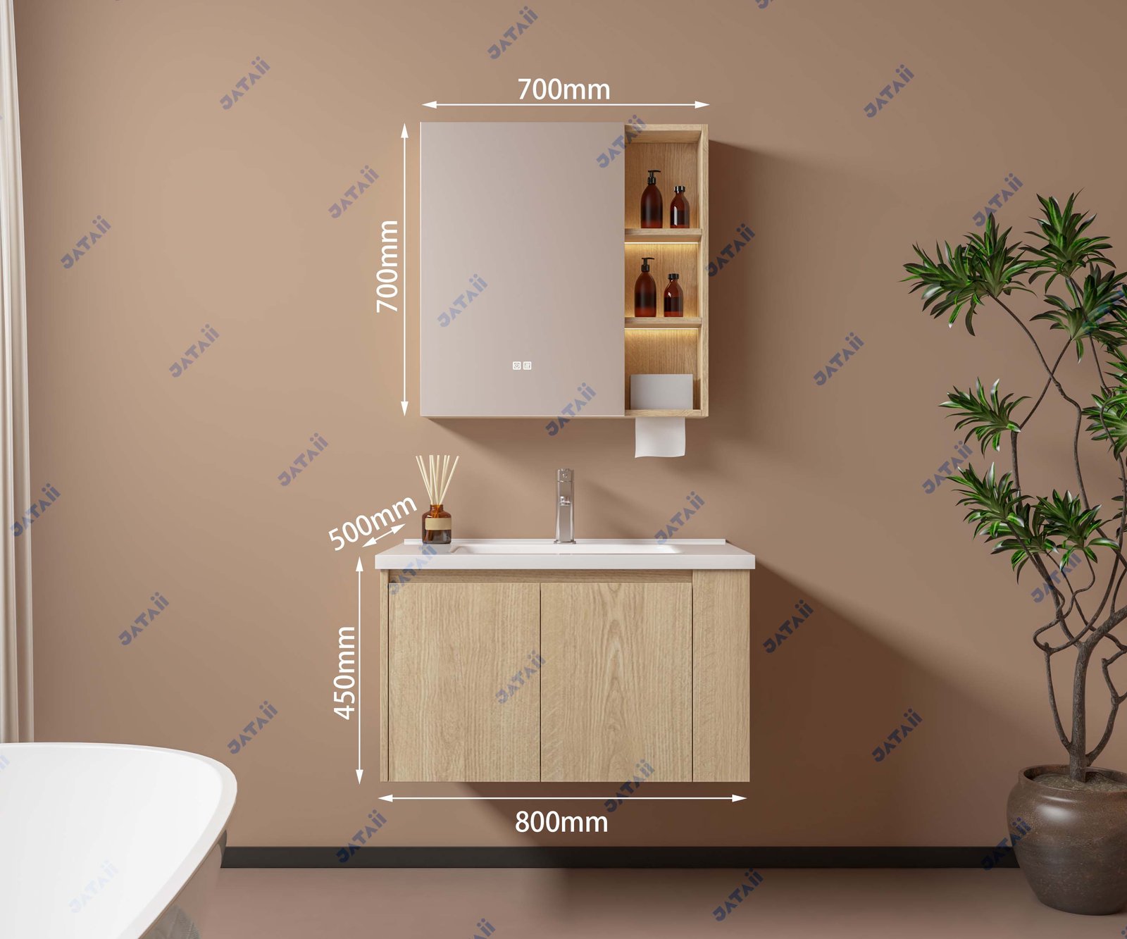 JATAII Commercial 800mm Oak Floating Vanity & Mirror Combo with Dispenser JTDR018