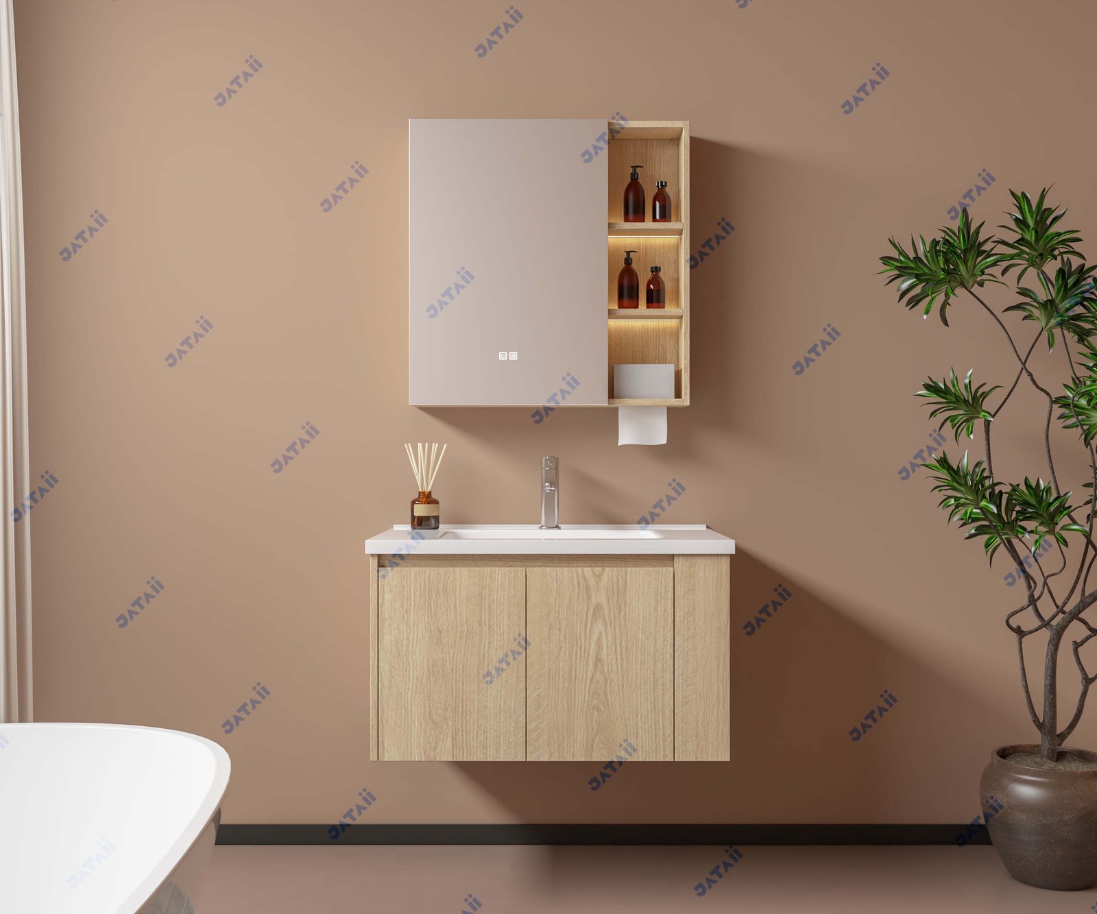 JATAII Commercial 800mm Oak Floating Vanity & Mirror Combo with Dispenser JTDR018