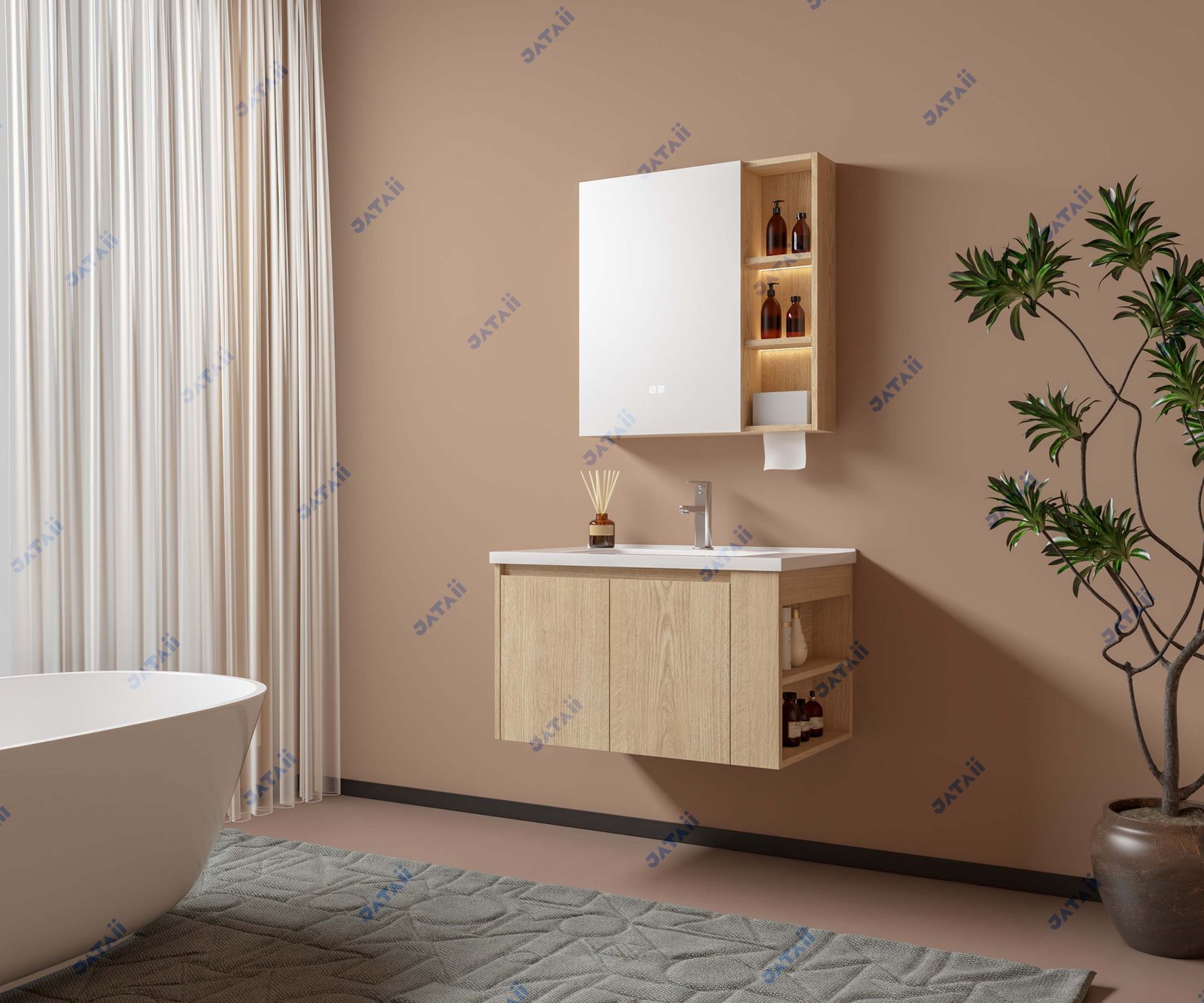JATAII Commercial 800mm Oak Floating Vanity & Mirror Combo with Dispenser JTDR018