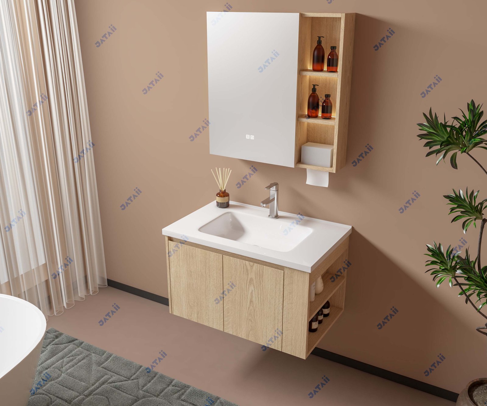 JATAII Commercial 800mm Oak Floating Vanity & Mirror Combo with Dispenser JTDR018