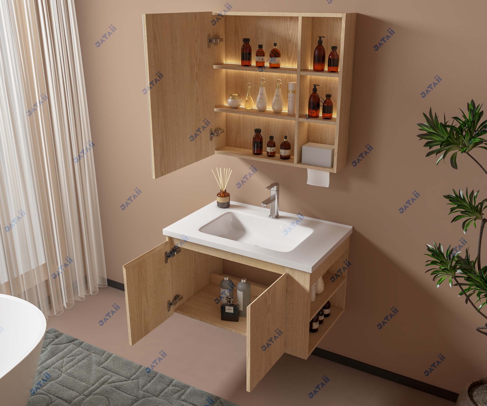 JATAII Commercial 800mm Oak Floating Vanity & Mirror Combo with Dispenser JTDR018