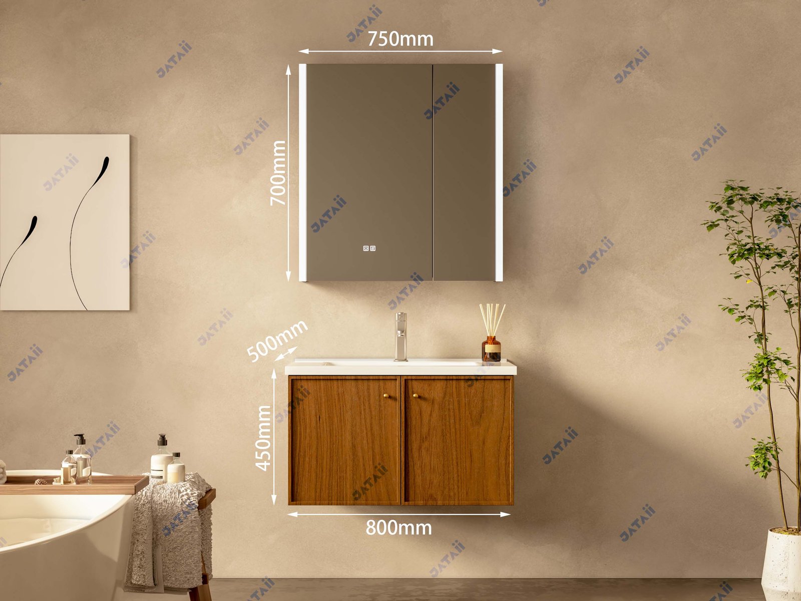 JATAII Commercial 800mm Walnut Double-Door Floating Vanity Combo JTDR021