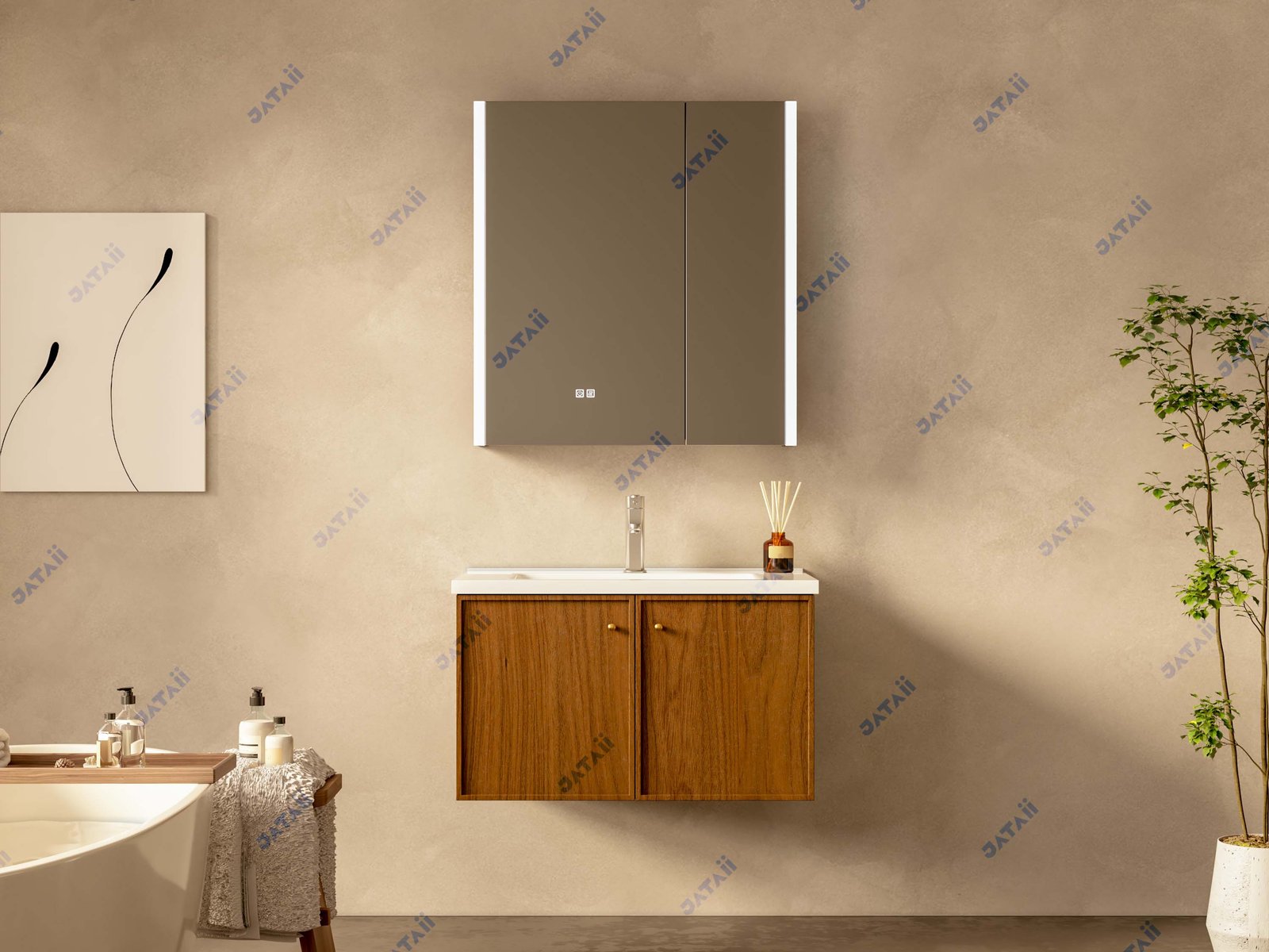 JATAII Commercial 800mm Walnut Double-Door Floating Vanity Combo JTDR021