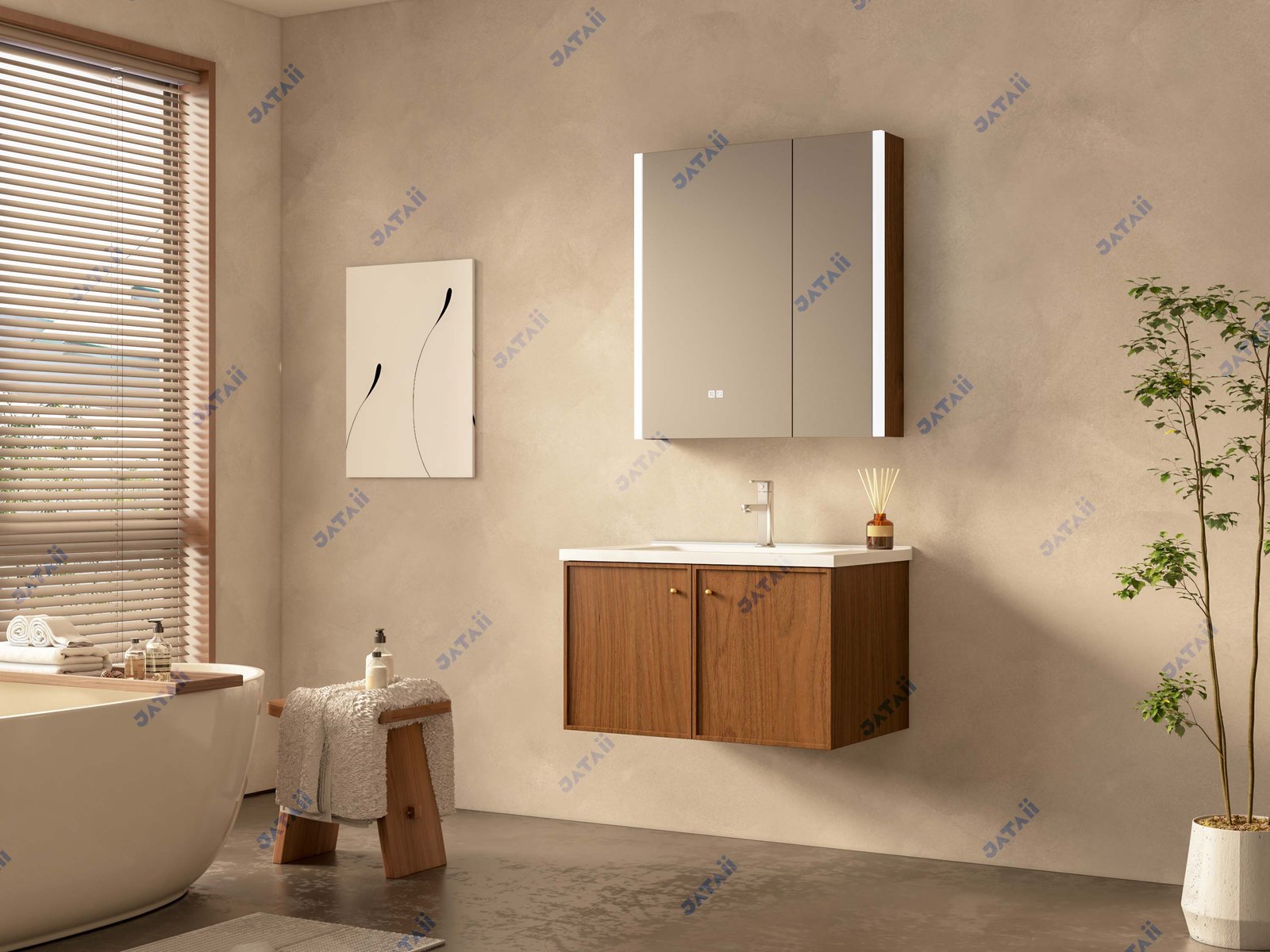 JATAII Commercial 800mm Walnut Double-Door Floating Vanity Combo JTDR021