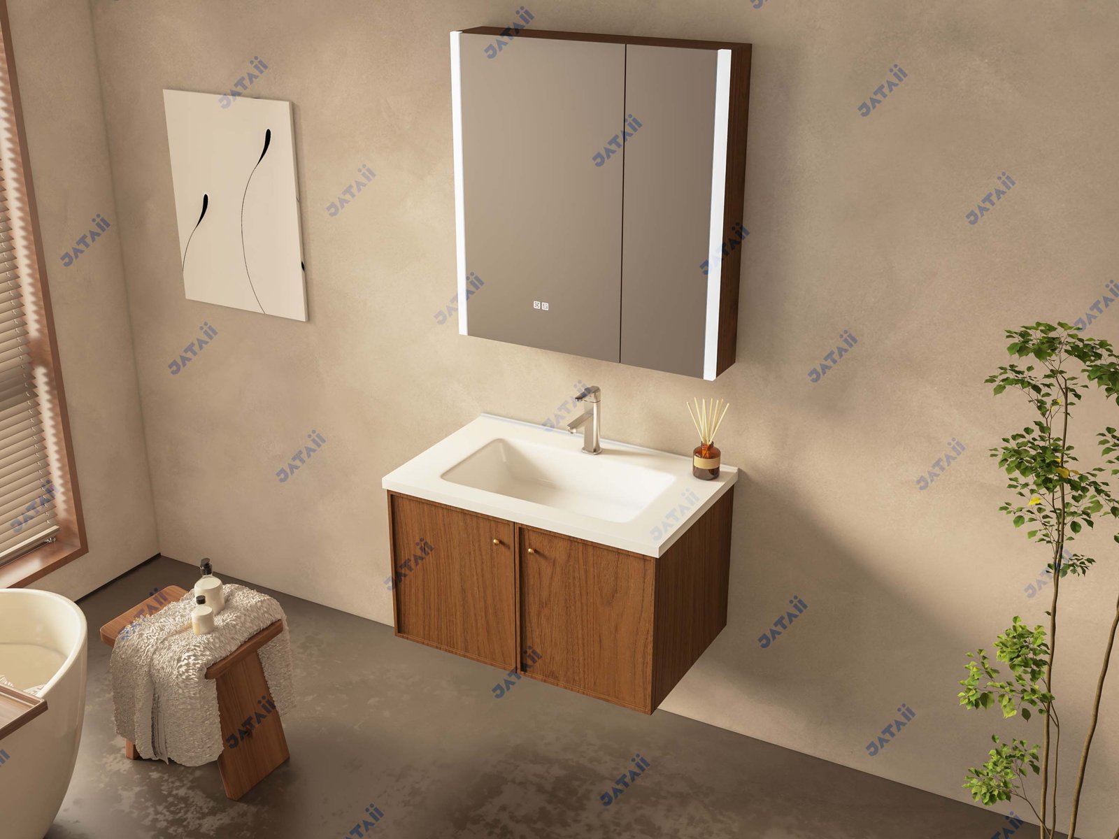 JATAII Commercial 800mm Walnut Double-Door Floating Vanity Combo JTDR021