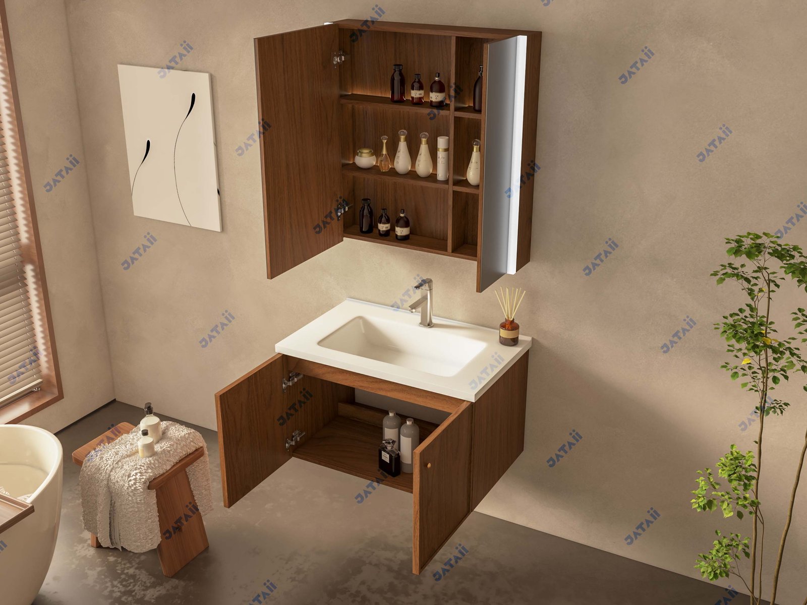 JATAII Commercial 800mm Walnut Double-Door Floating Vanity Combo JTDR021