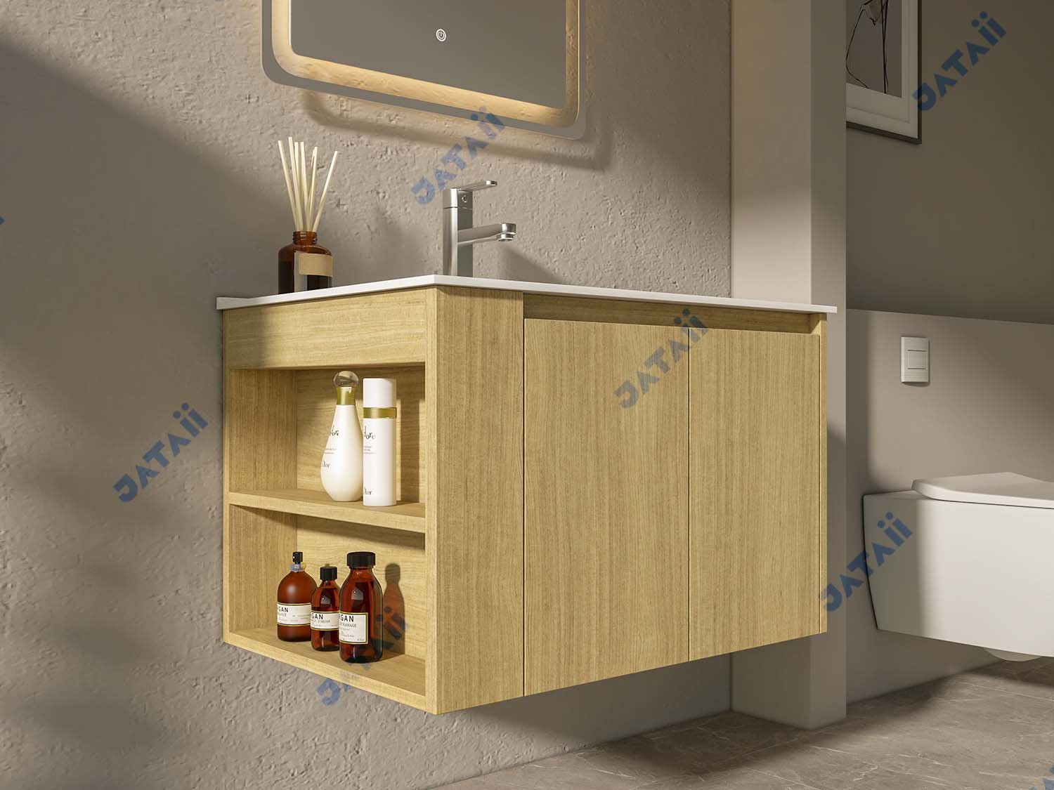 JATAII Commercial 700mm Asymmetrical Wood Floating Vanity MN006