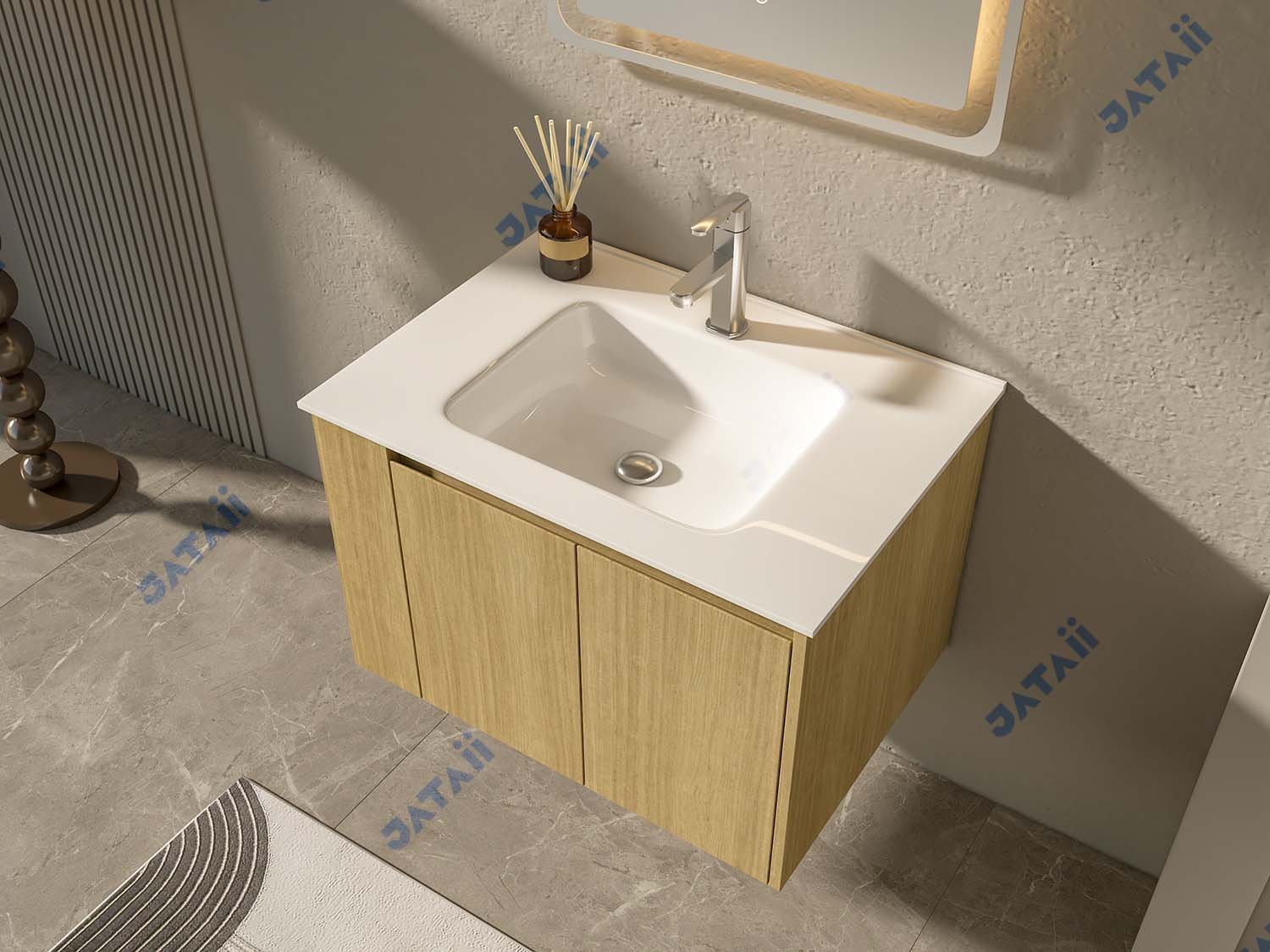 JATAII Commercial 700mm Asymmetrical Wood Floating Vanity MN006