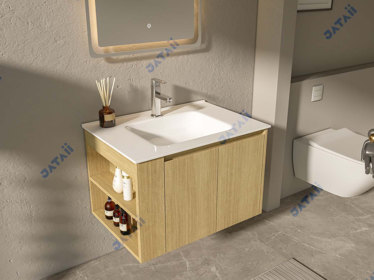 JATAII Commercial 700mm Asymmetrical Wood Floating Vanity MN006