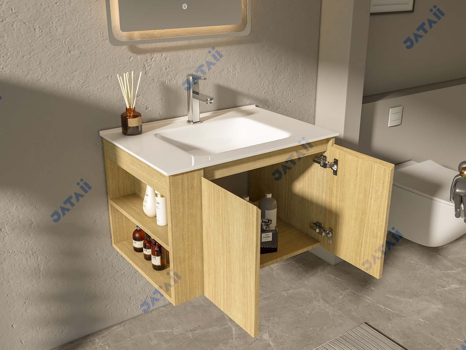 JATAII Commercial 700mm Asymmetrical Wood Floating Vanity MN006
