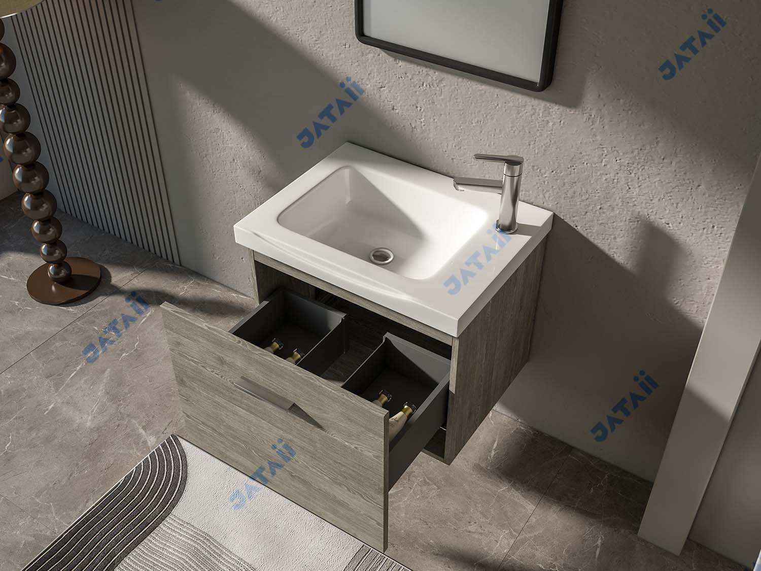 JATAII Commercial 600mm Ash Wood-Look Aluminum Vanity with Drawer-in-Drawer MN007