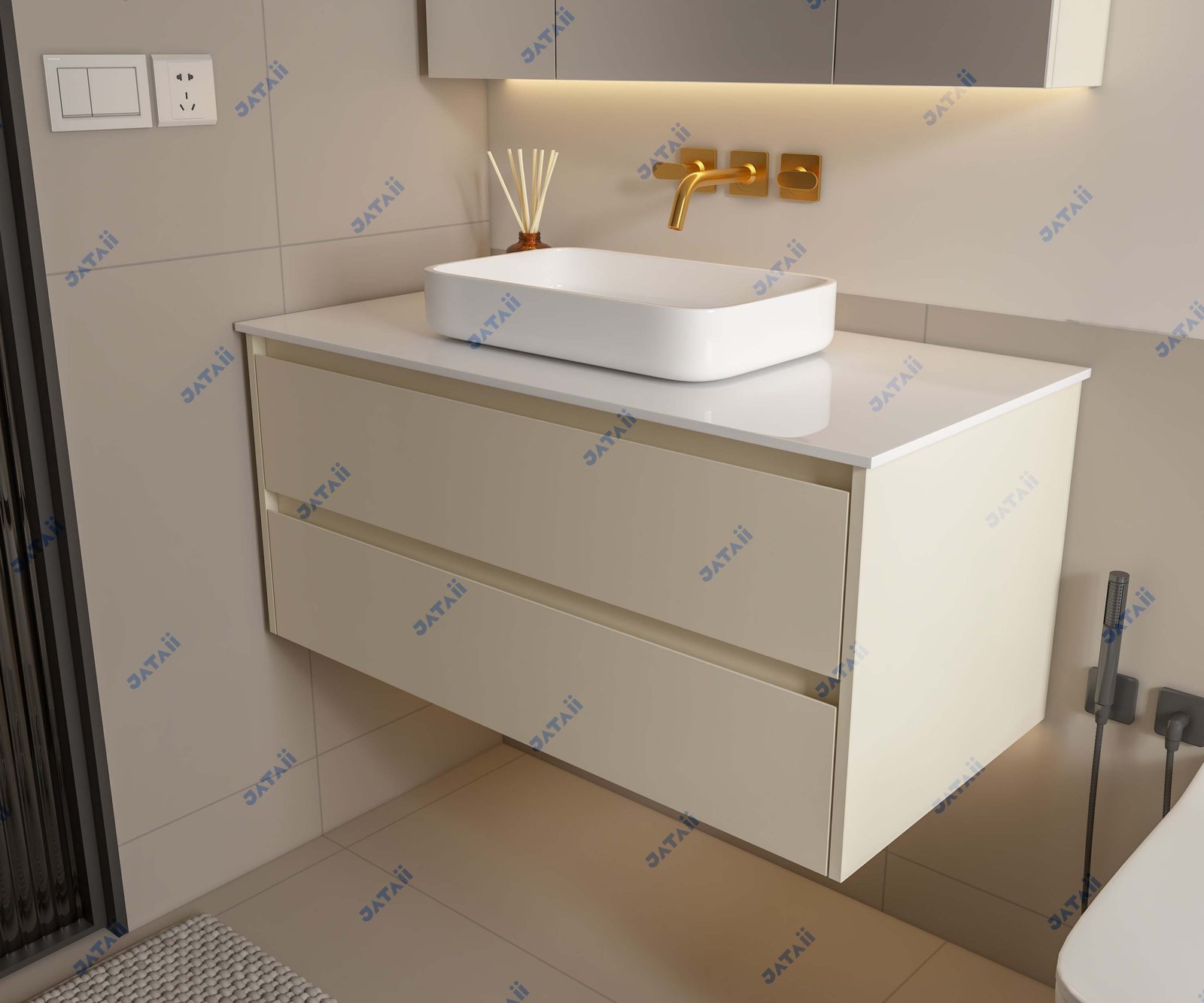 JATAII Commercial 1000mm Cream Floating Vanity & 3-Door Smart Mirror Combo SC013