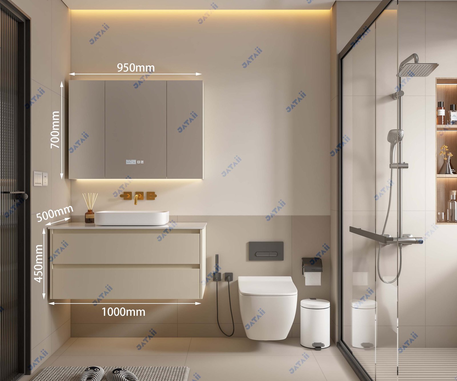 JATAII Commercial 1000mm Cream Floating Vanity & 3-Door Smart Mirror Combo SC013
