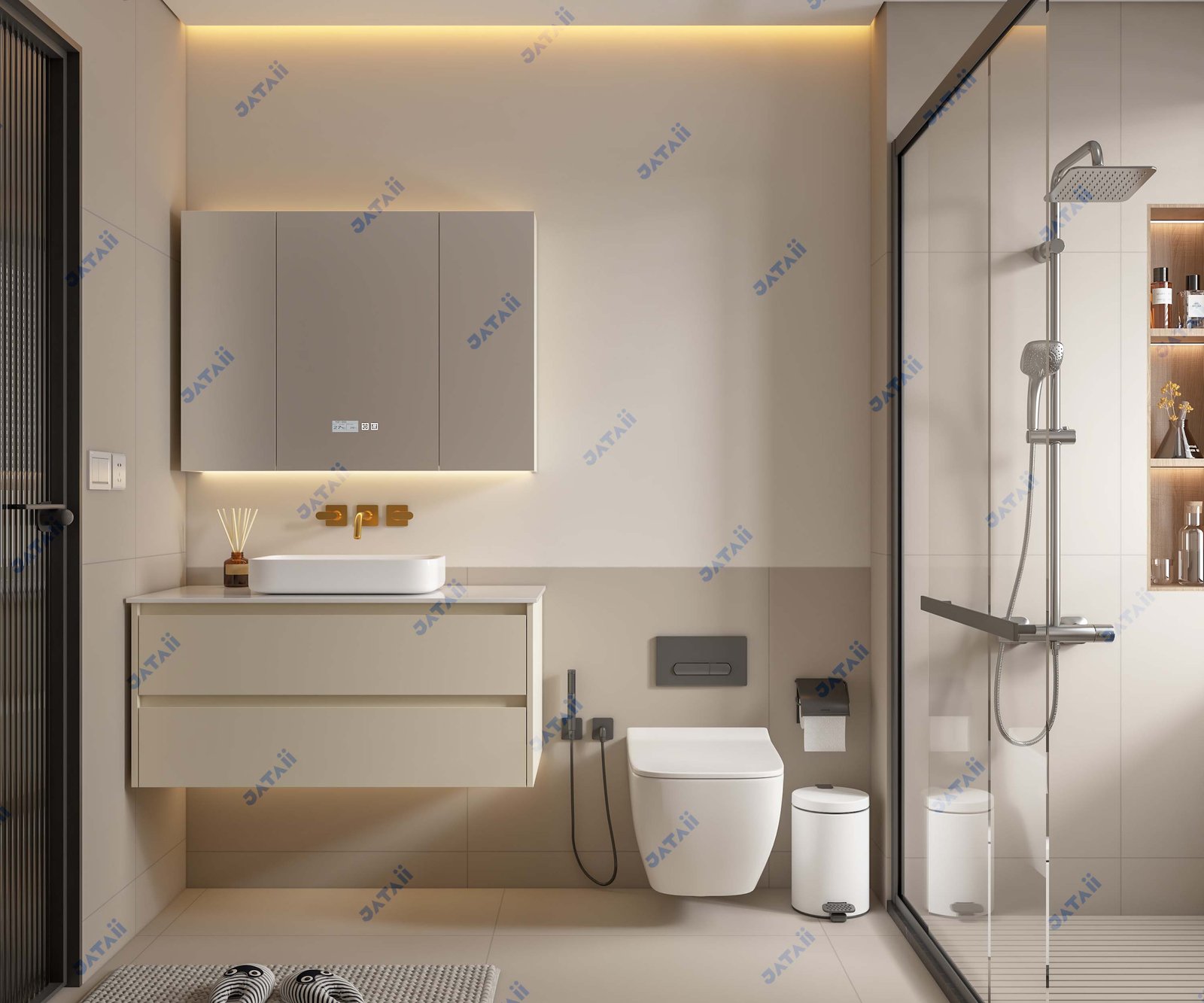 JATAII Commercial 1000mm Cream Floating Vanity & 3-Door Smart Mirror Combo SC013