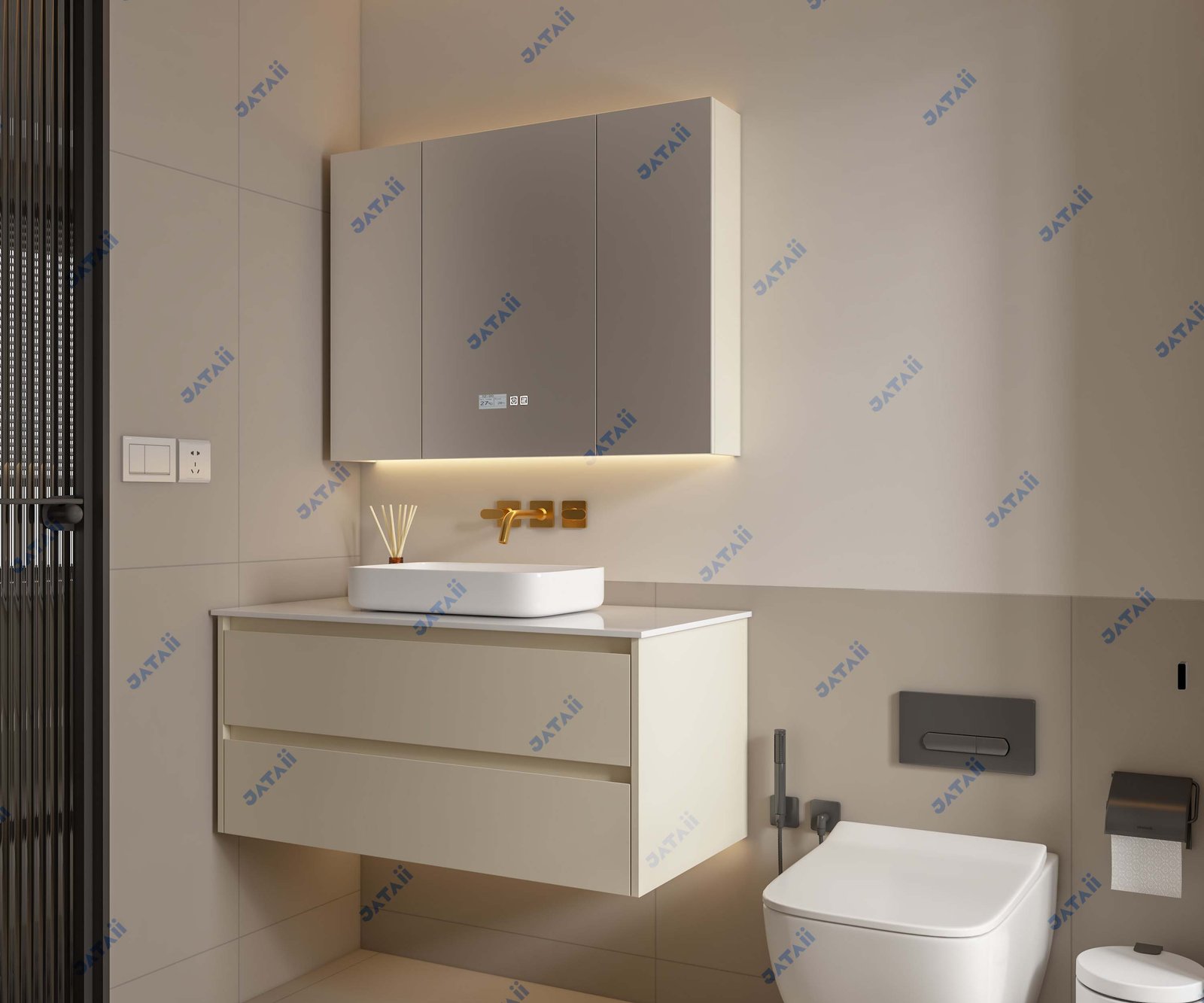 JATAII Commercial 1000mm Cream Floating Vanity & 3-Door Smart Mirror Combo SC013