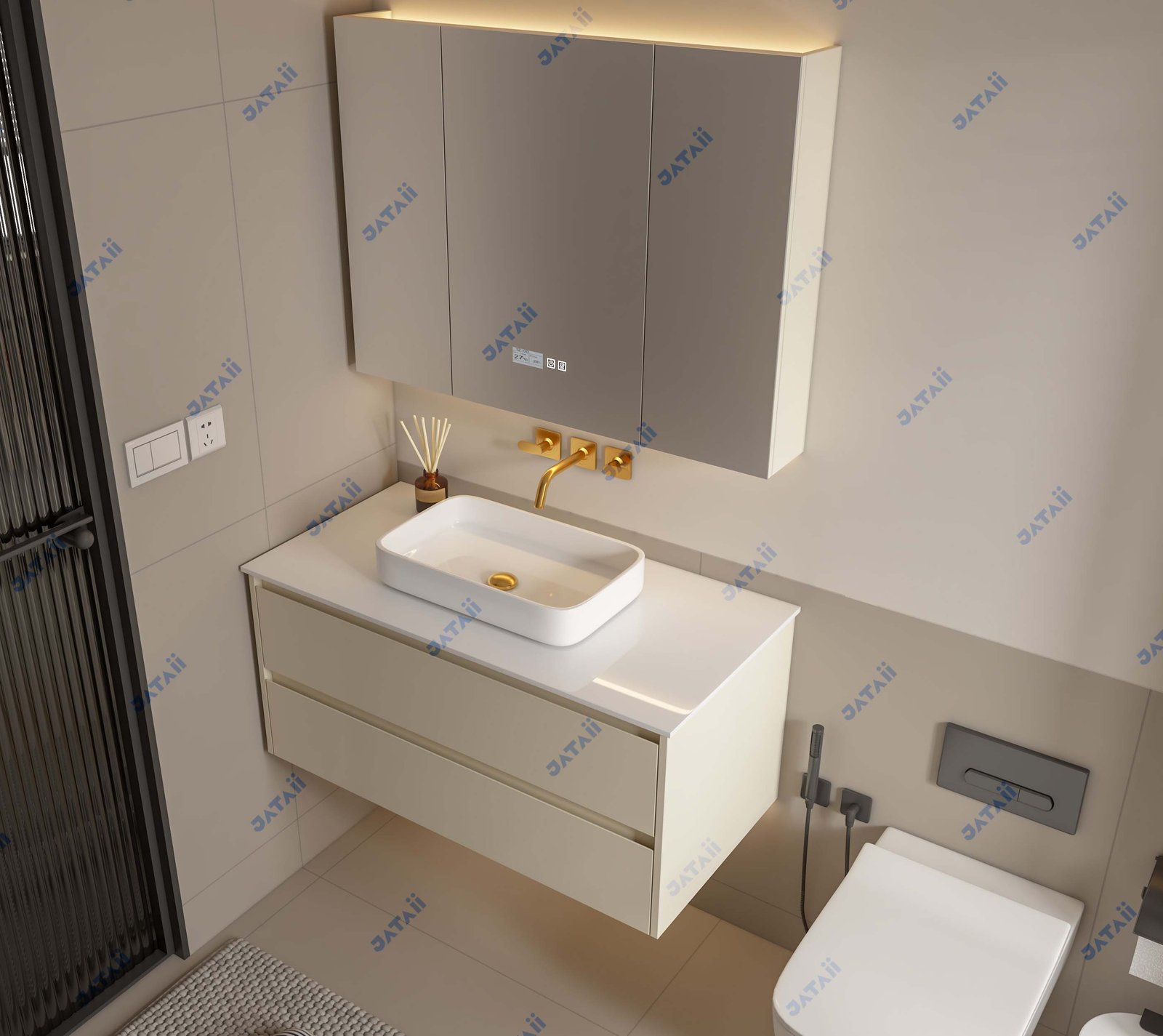 JATAII Commercial 1000mm Cream Floating Vanity & 3-Door Smart Mirror Combo SC013